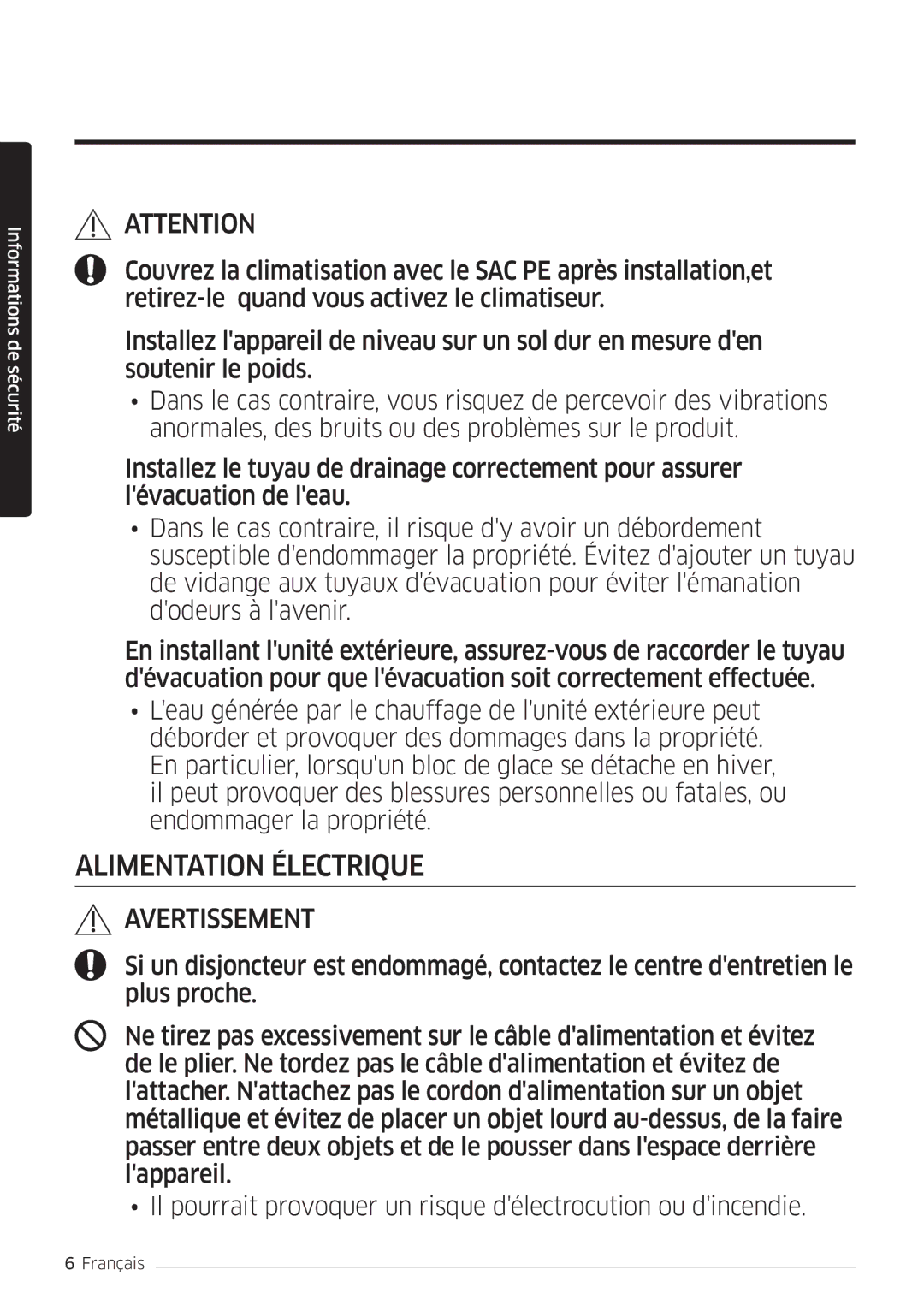 Samsung AR12MSFHBWKNEU, AR09MSFHBWKNEU manual Alimentation Électrique 