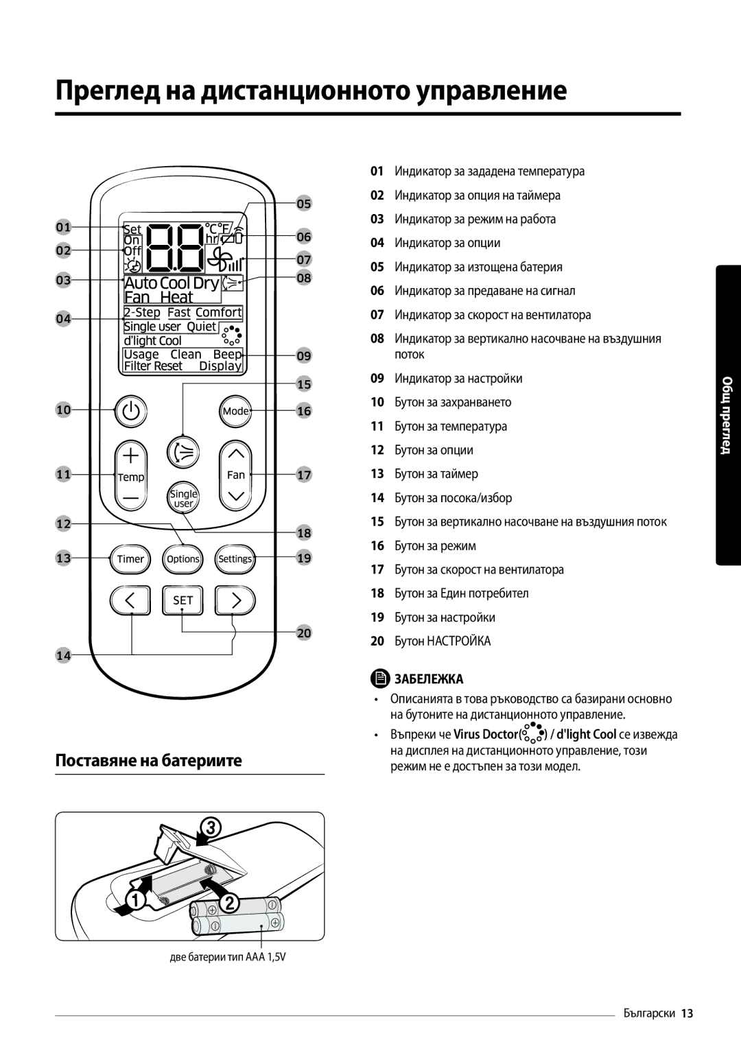 Samsung AR09MSFHBWKNEU, AR12MSFHBWKNEU manual Преглед на дистанционното управление, Поставяне на батериите 