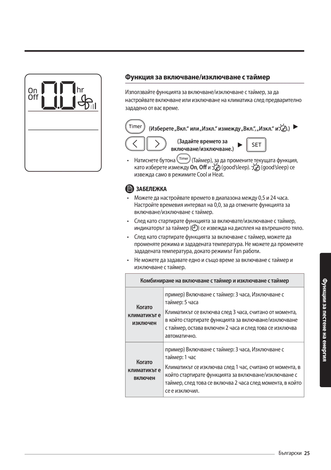 Samsung AR09MSFHBWKNEU Функция за включване/изключване с таймер, Таймер 5 часа, Автоматично, Таймер 1 час, Се е изключил 