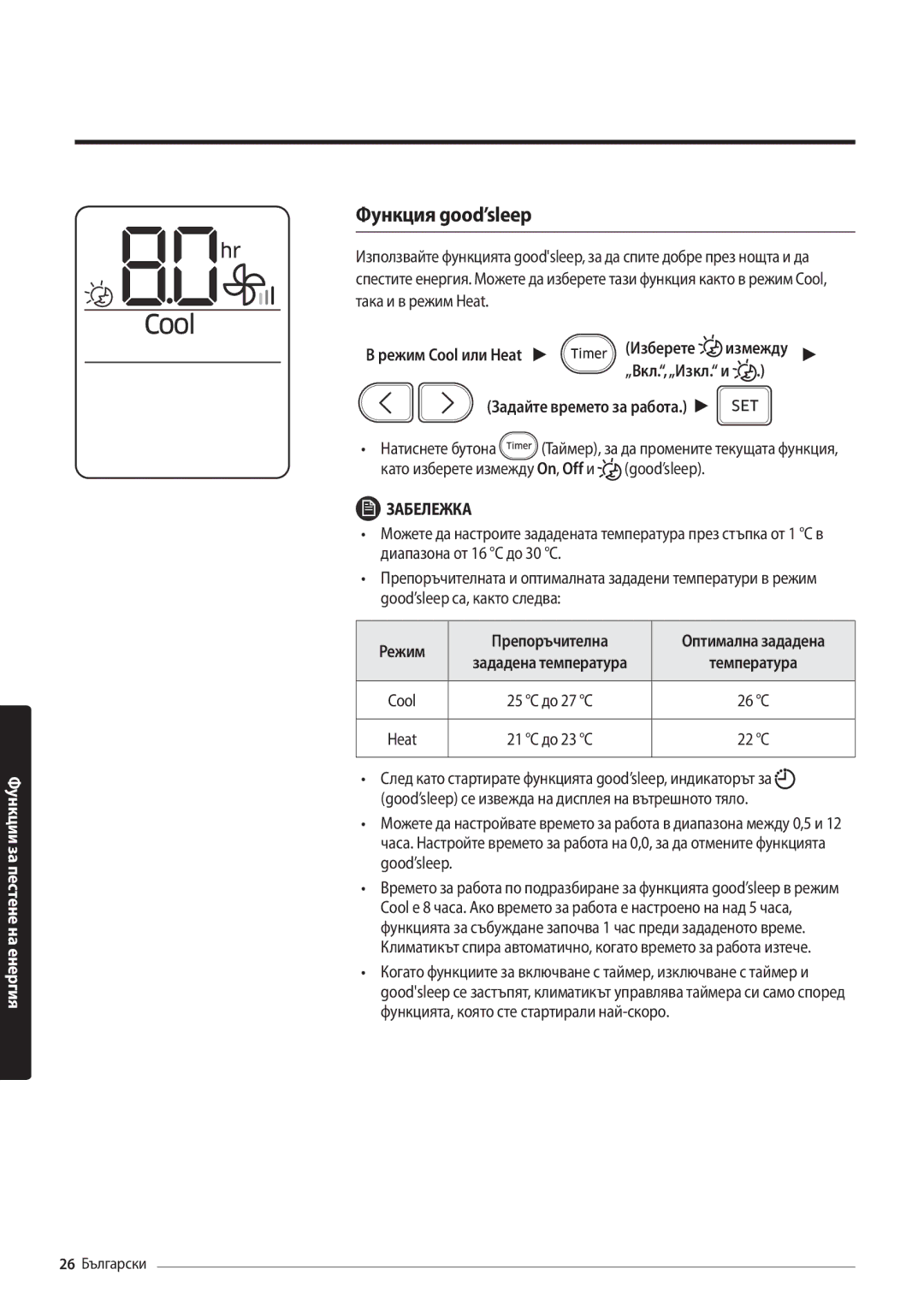 Samsung AR12MSFHBWKNEU manual Функция good’sleep, Режим Cool или Heat Изберете, „Вкл.,„Изкл. и, Режим Препоръчителна 