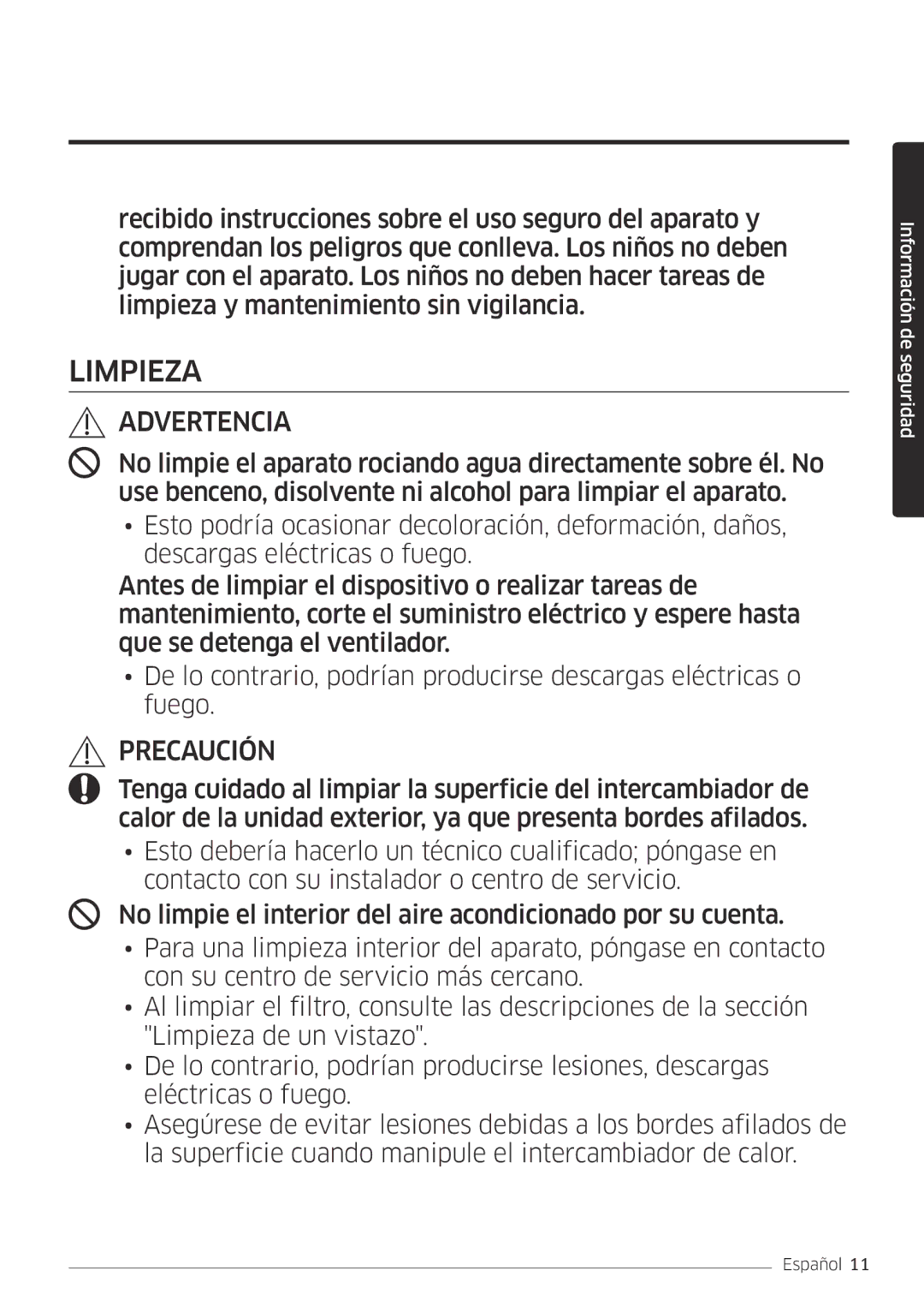 Samsung AR09MSFPEWQNET, AR12MSFPEWQNET manual Limpieza 