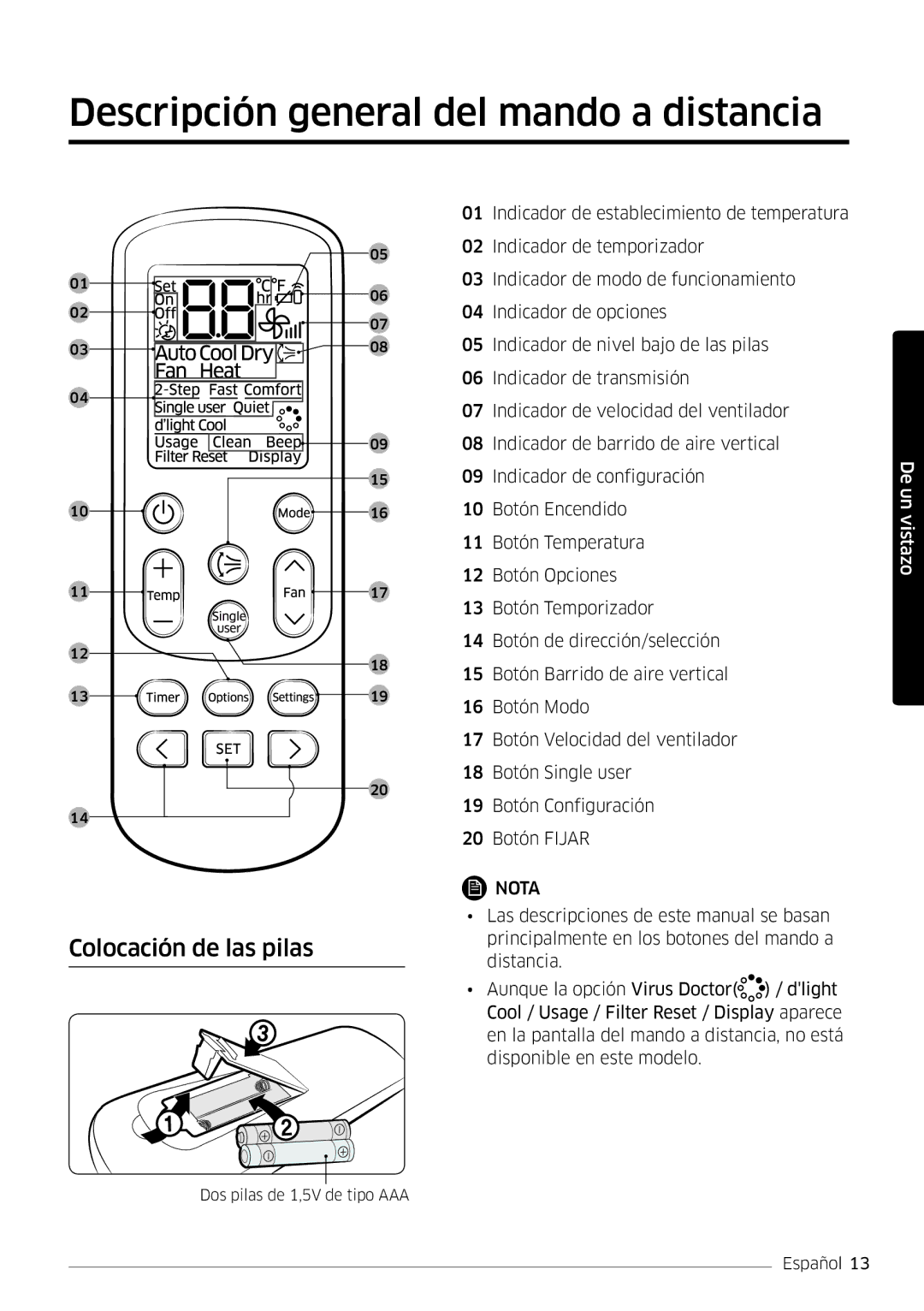 Samsung AR09MSFPEWQNET, AR12MSFPEWQNET manual Descripción general del mando a distancia, Colocación de las pilas 