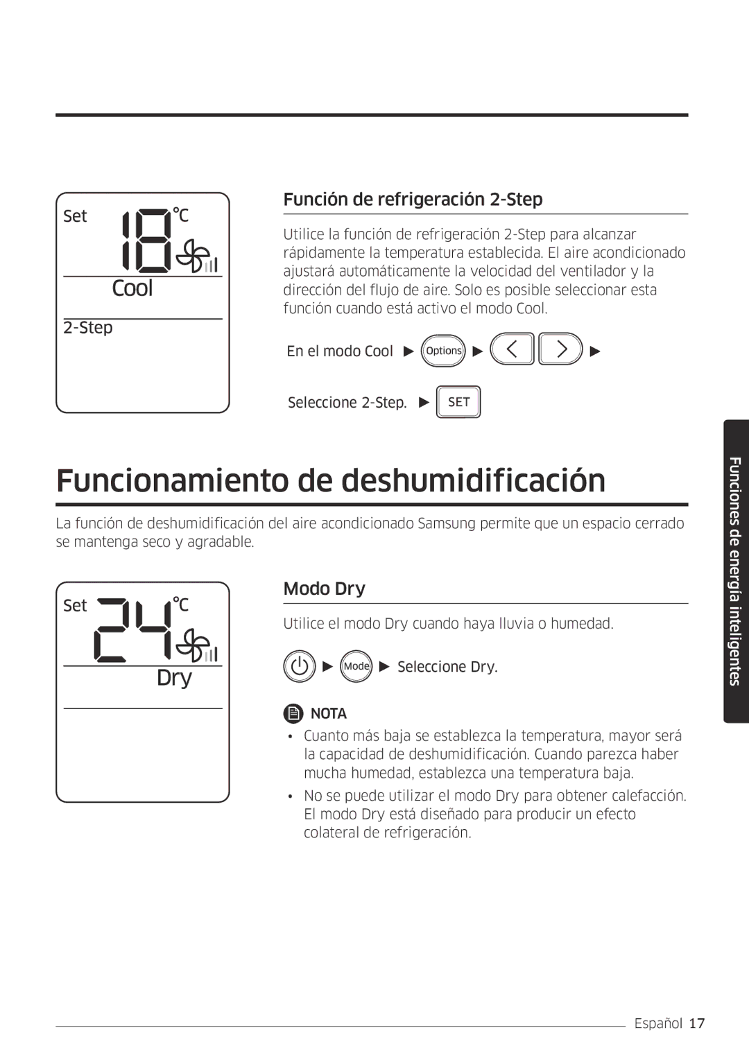 Samsung AR09MSFPEWQNET, AR12MSFPEWQNET manual Funcionamiento de deshumidificación, Función de refrigeración 2-Step, Modo Dry 