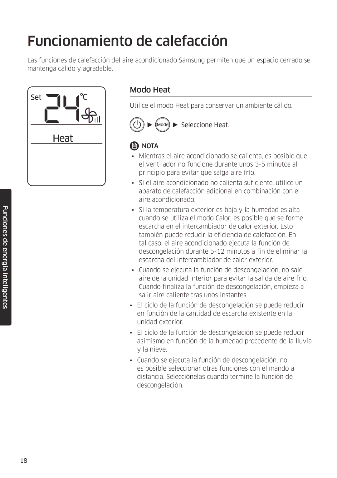 Samsung AR12MSFPEWQNET, AR09MSFPEWQNET manual Funcionamiento de calefacción, Modo Heat 