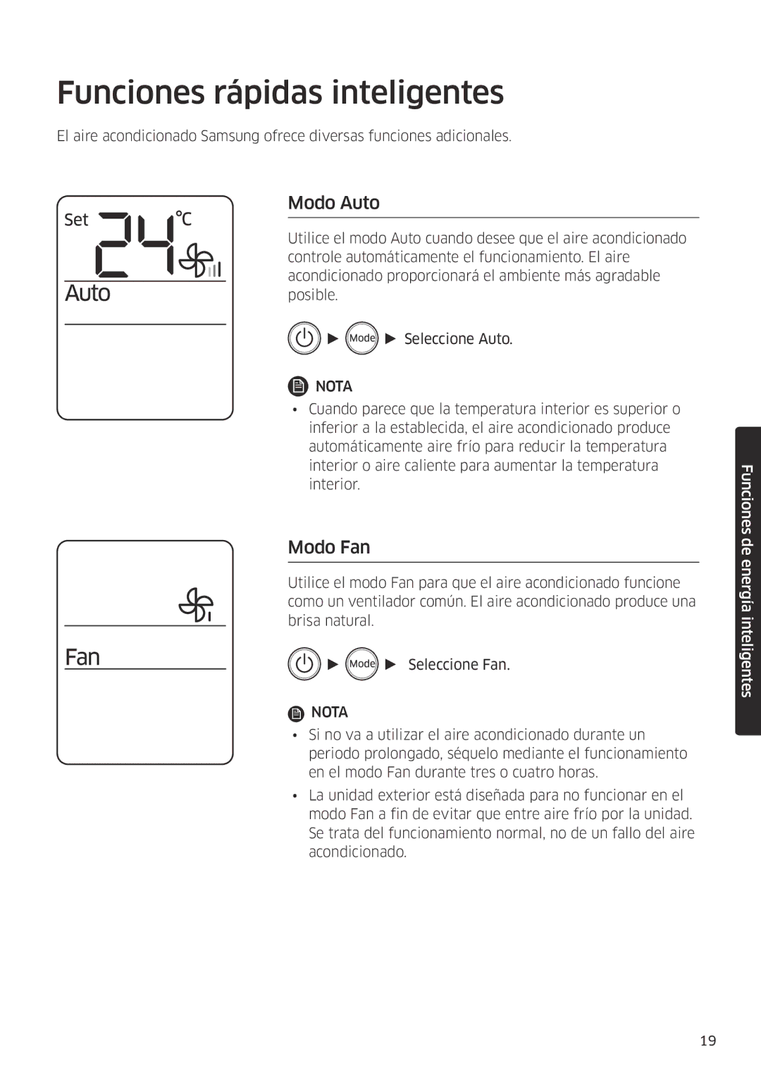 Samsung AR09MSFPEWQNET, AR12MSFPEWQNET manual Funciones rápidas inteligentes, Modo Auto, Modo Fan 