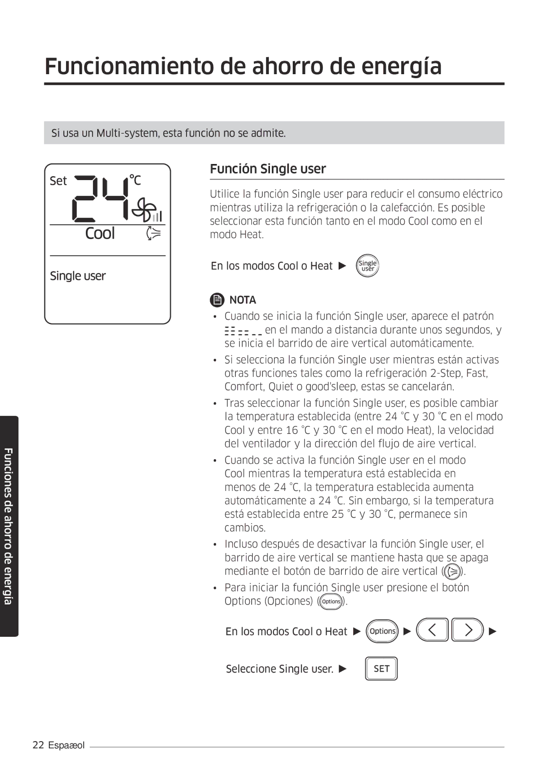 Samsung AR12MSFPEWQNET, AR09MSFPEWQNET manual Funcionamiento de ahorro de energía, Función Single user 