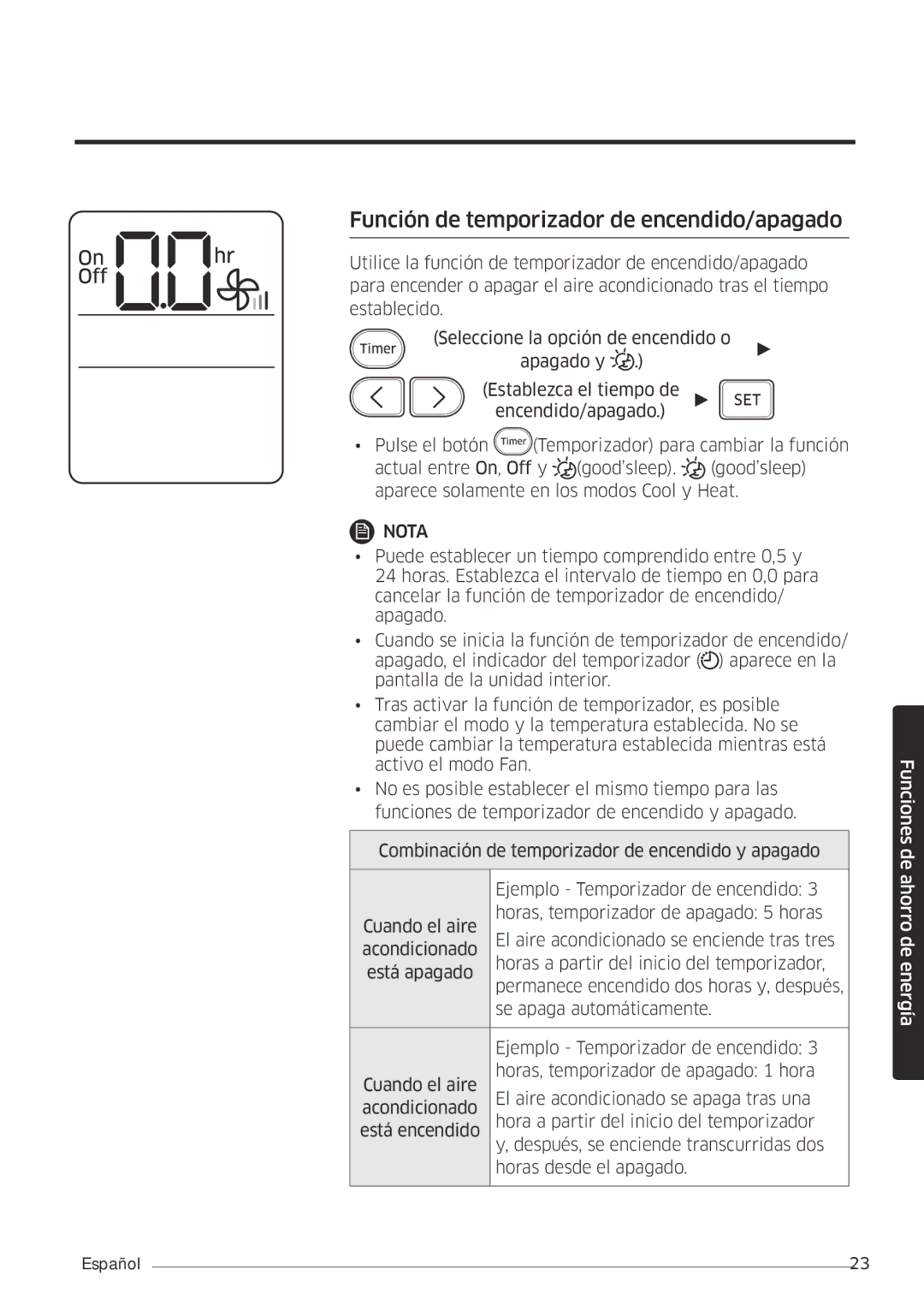 Samsung AR09MSFPEWQNET, AR12MSFPEWQNET manual Función de temporizador de encendido/apagado 