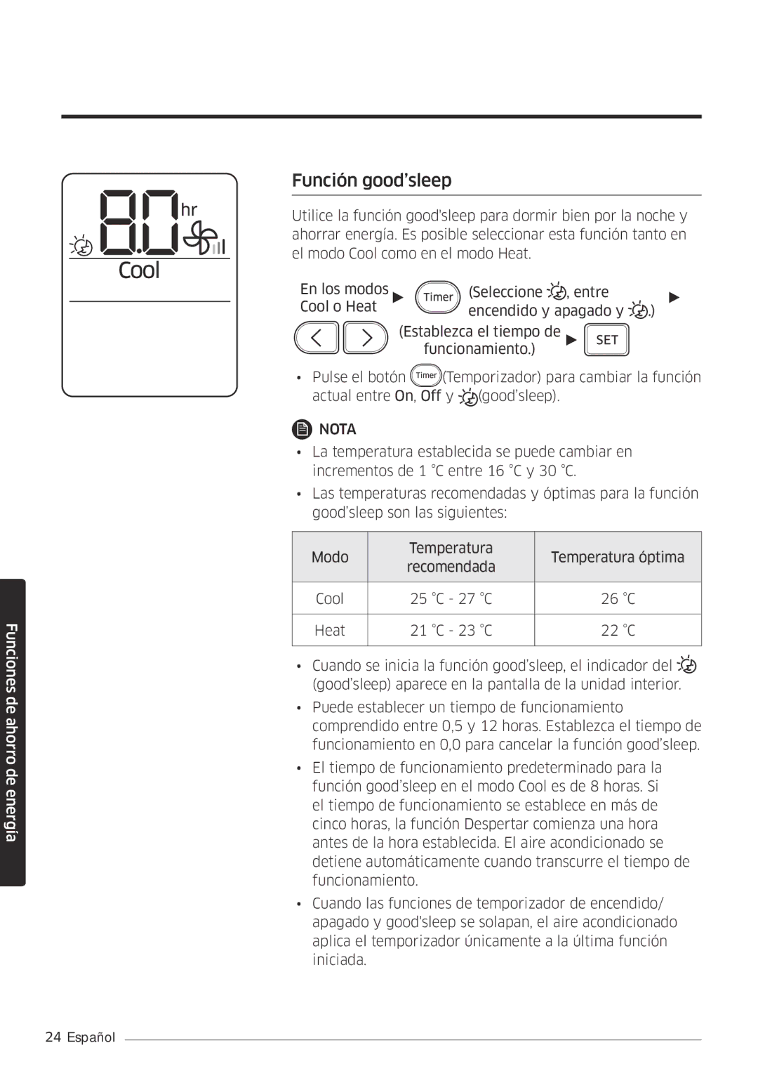 Samsung AR12MSFPEWQNET, AR09MSFPEWQNET manual Función good’sleep 