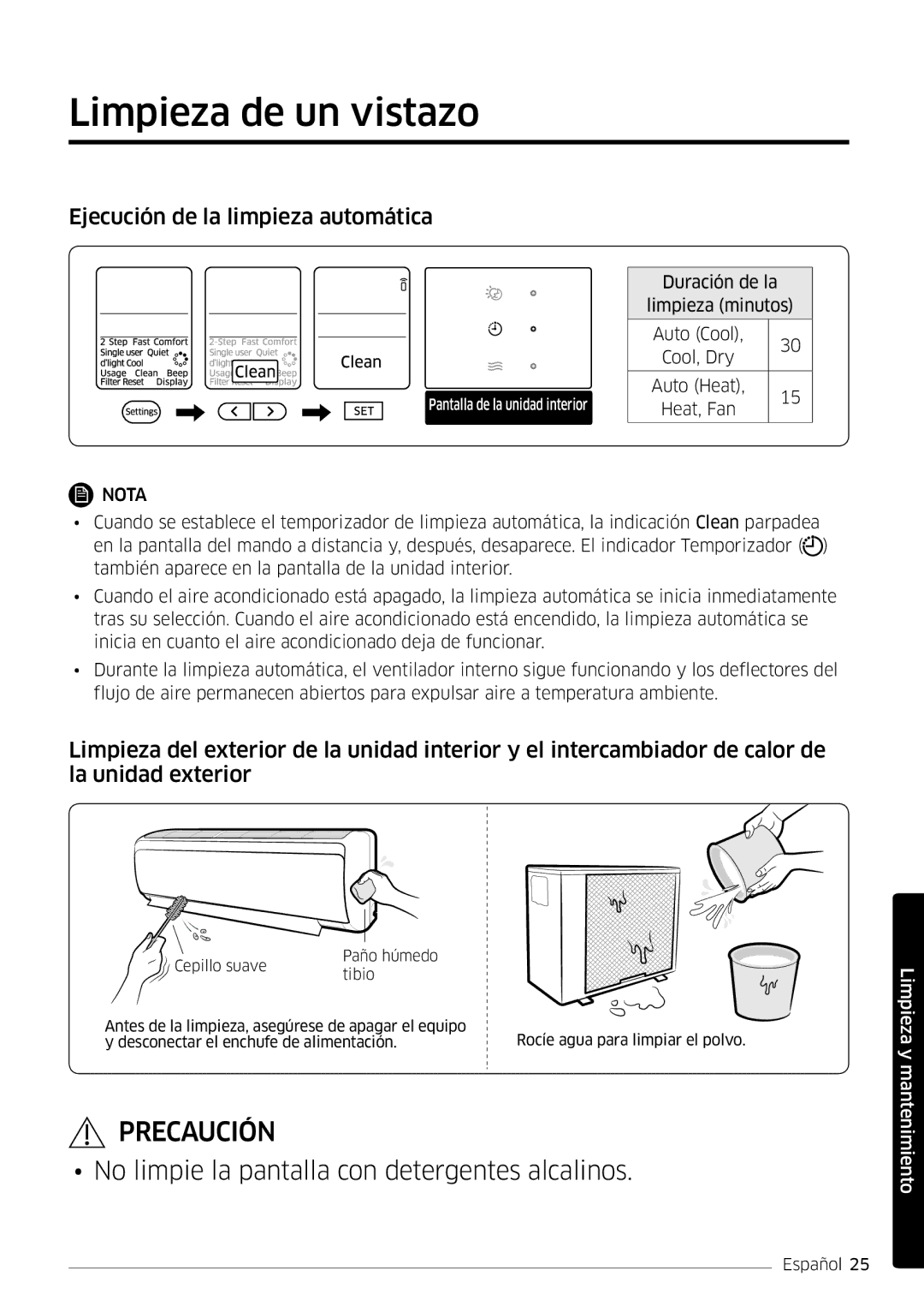 Samsung AR09MSFPEWQNET, AR12MSFPEWQNET manual Limpieza de un vistazo, Ejecución de la limpieza automática 