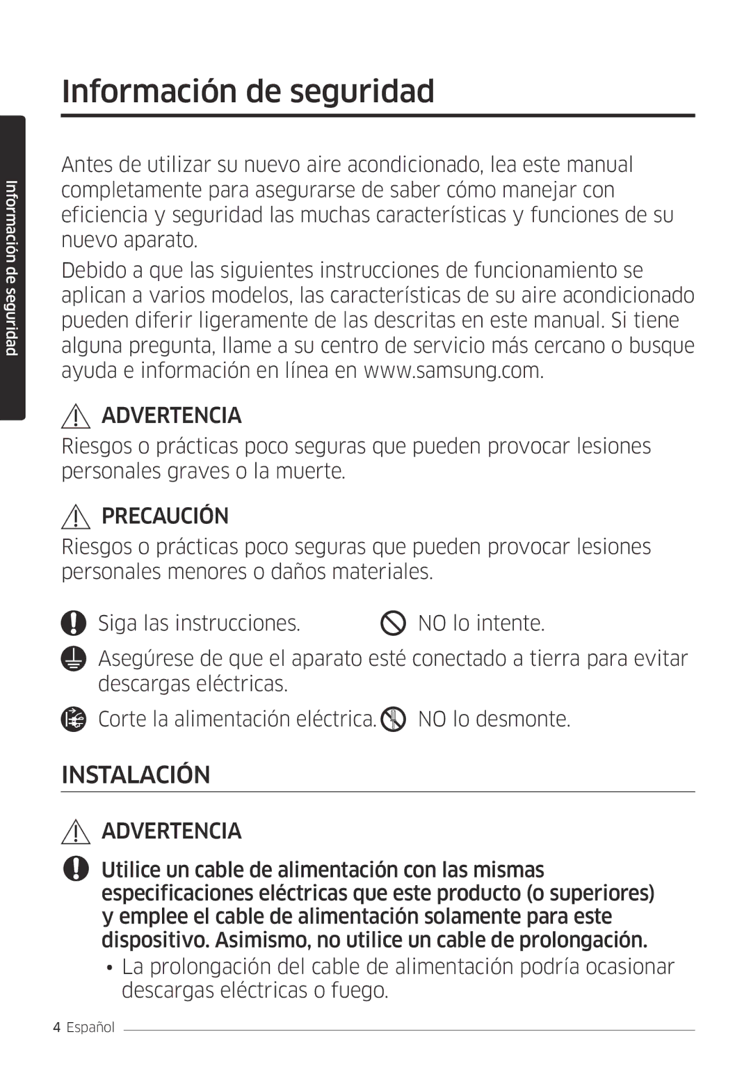 Samsung AR12MSFPEWQNET, AR09MSFPEWQNET manual Información de seguridad, Advertencia 