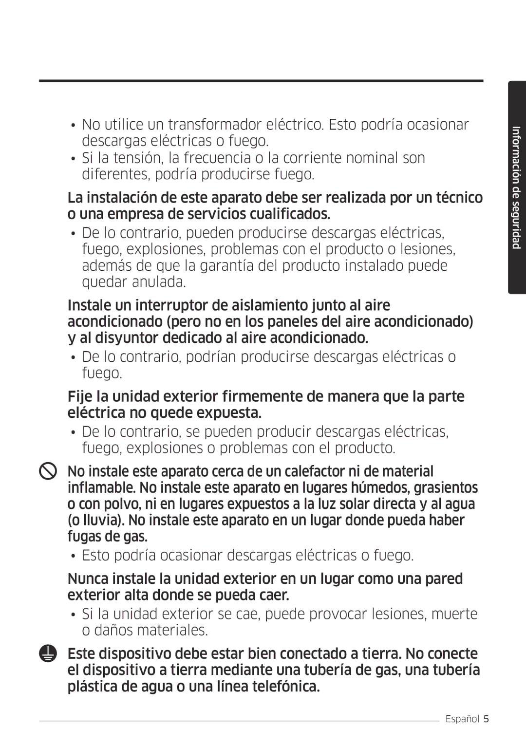 Samsung AR09MSFPEWQNET, AR12MSFPEWQNET manual Información de seguridad 