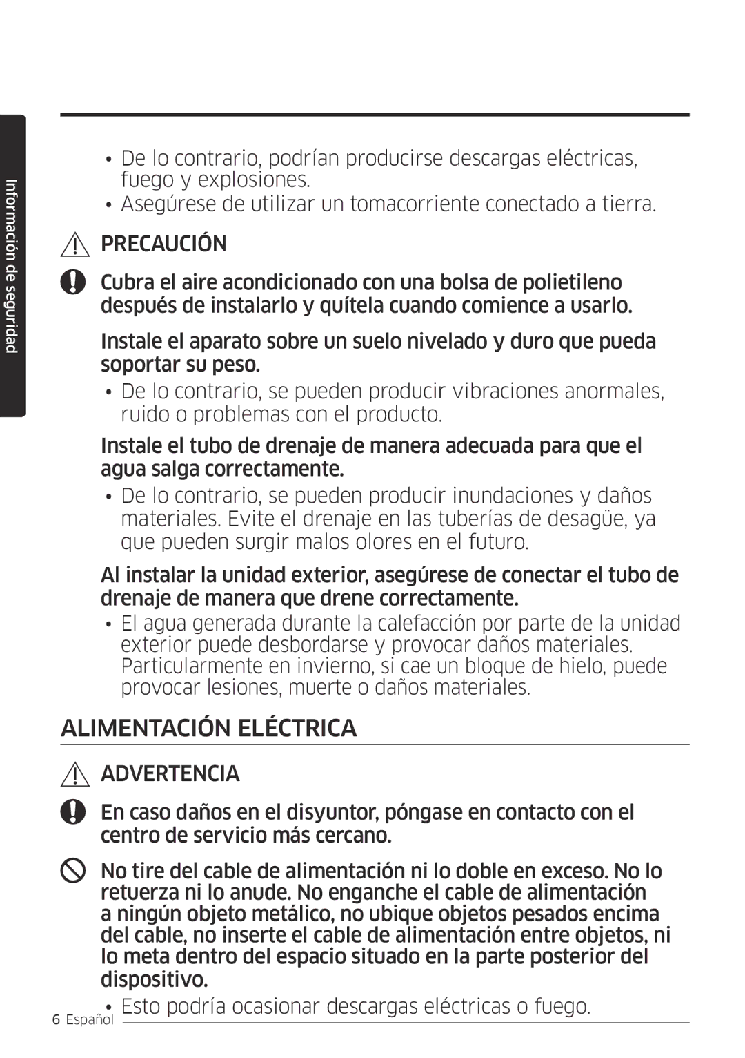 Samsung AR12MSFPEWQNET, AR09MSFPEWQNET manual Alimentación Eléctrica 