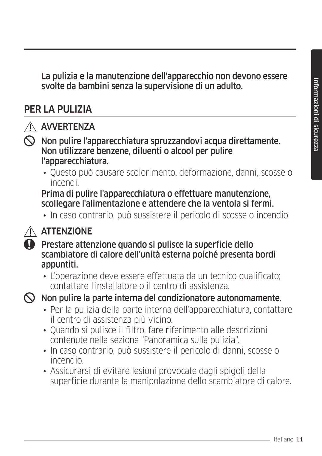 Samsung AR09MSFPEWQNEU, AR12MSFPEWQNEU, AR09MSFPEWQNET, AR12MSFPEWQNET manual PER LA Pulizia 