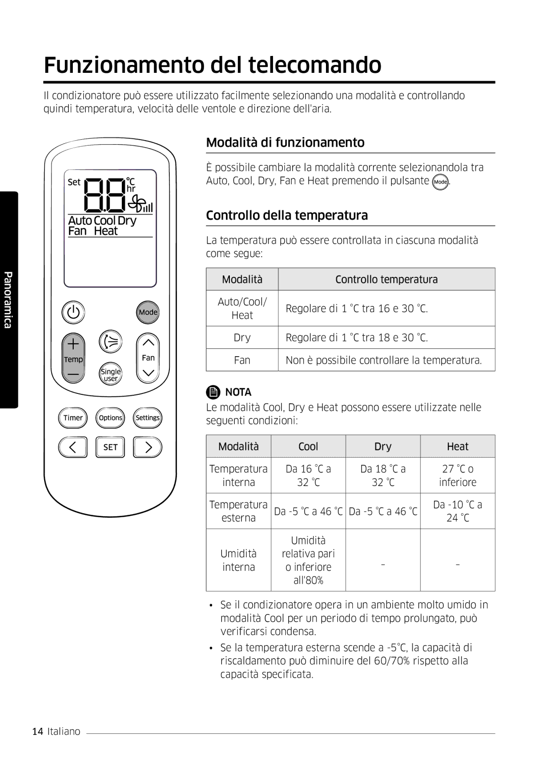 Samsung AR12MSFPEWQNET manual Funzionamento del telecomando, Modalità di funzionamento, Controllo della temperatura 