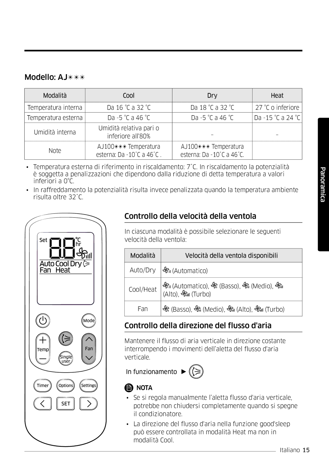 Samsung AR09MSFPEWQNEU Modello AJ, Controllo della velocità della ventola, Controllo della direzione del flusso daria 