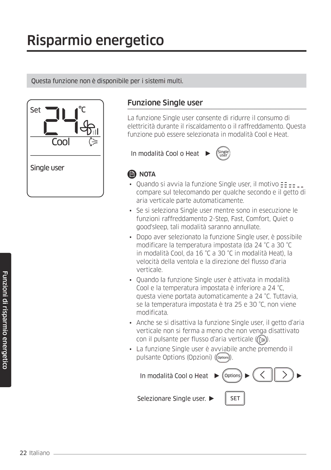 Samsung AR12MSFPEWQNET, AR09MSFPEWQNEU, AR12MSFPEWQNEU, AR09MSFPEWQNET manual Risparmio energetico, Funzione Single user 