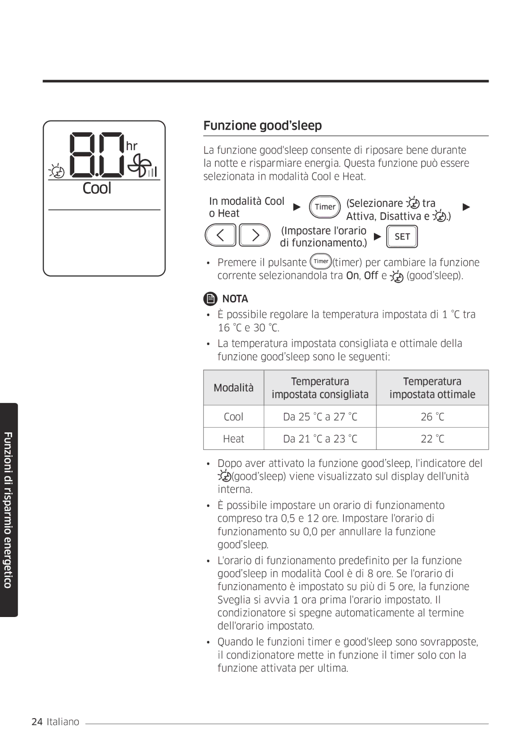 Samsung AR12MSFPEWQNEU, AR09MSFPEWQNEU, AR09MSFPEWQNET, AR12MSFPEWQNET manual Funzione good’sleep 