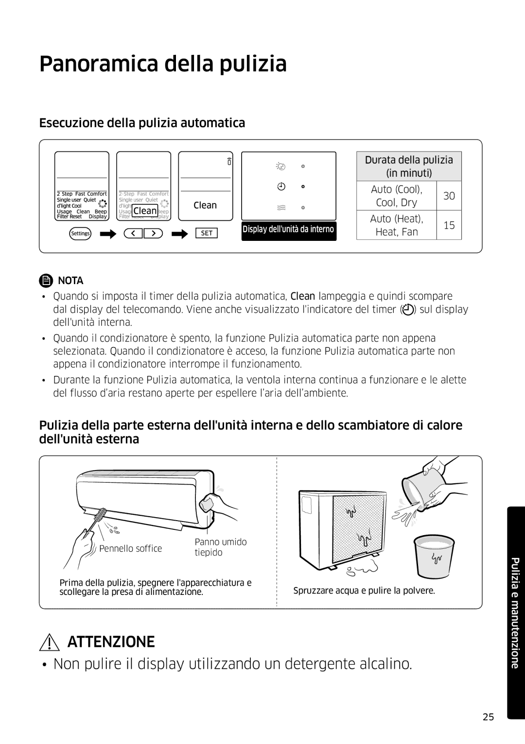 Samsung AR09MSFPEWQNET, AR09MSFPEWQNEU, AR12MSFPEWQNEU manual Panoramica della pulizia, Esecuzione della pulizia automatica 