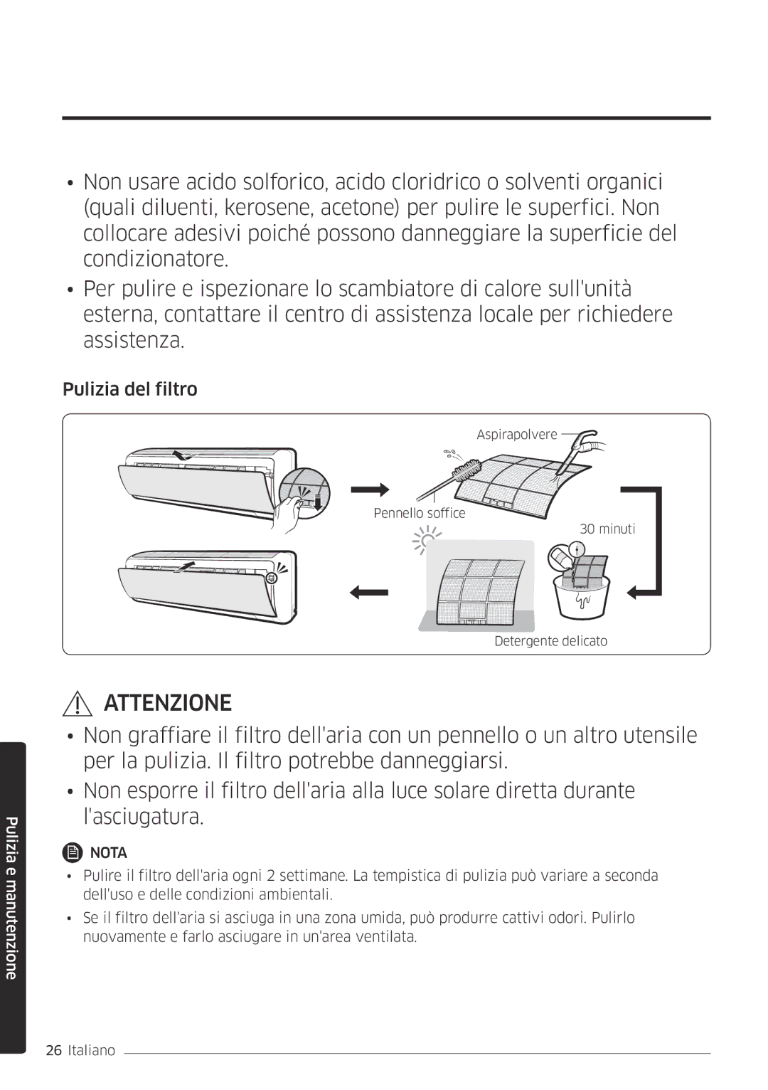 Samsung AR12MSFPEWQNET, AR09MSFPEWQNEU, AR12MSFPEWQNEU, AR09MSFPEWQNET manual Pulizia del filtro 