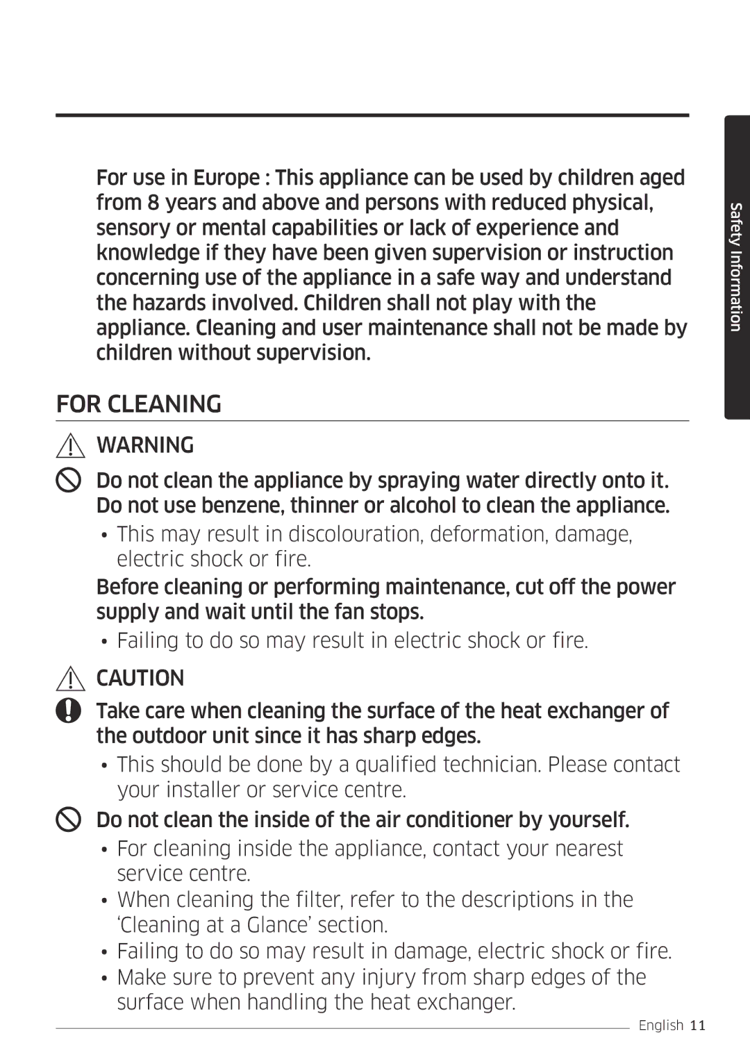 Samsung AR09MSFPEWQNEU, AR12MSFPEWQNEU, AR09MSFPEWQNET, AR12MSFPEWQNET manual For Cleaning 