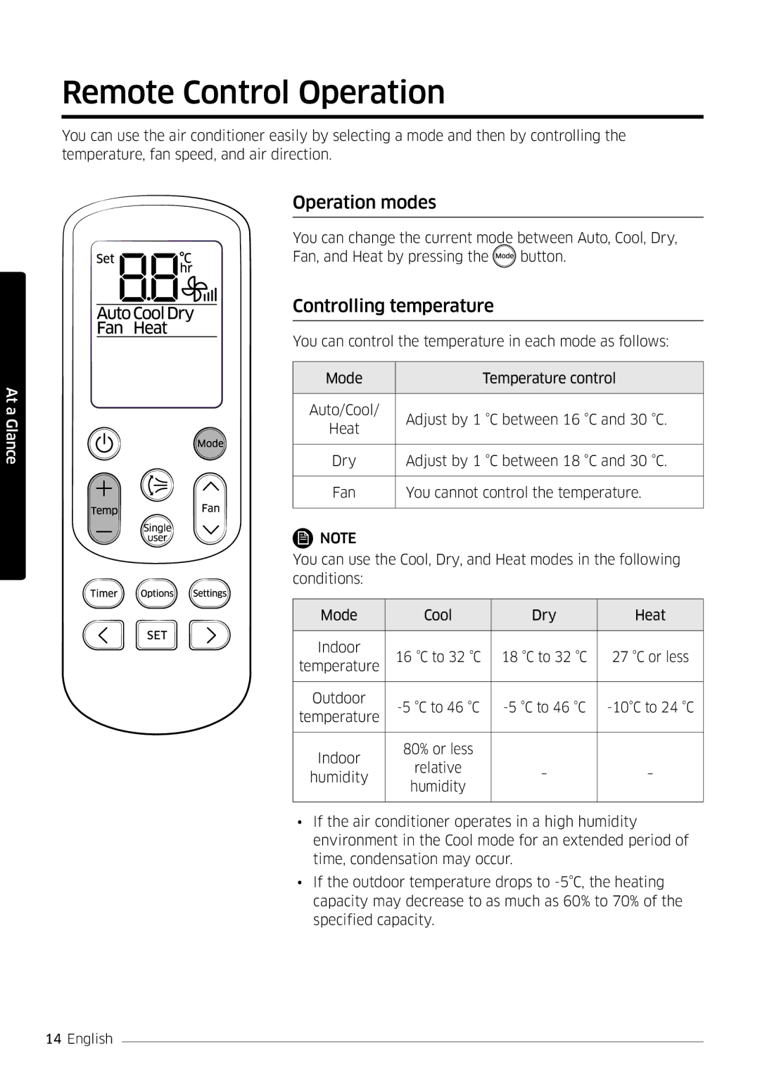 Samsung AR12MSFPEWQNET, AR09MSFPEWQNEU, AR12MSFPEWQNEU Remote Control Operation, Operation modes, Controlling temperature 