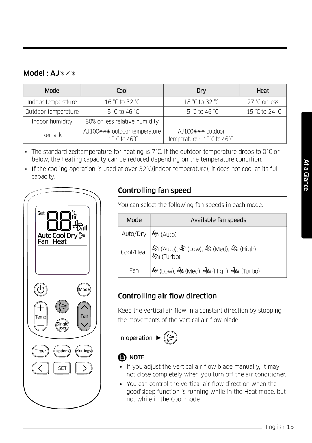 Samsung AR09MSFPEWQNEU, AR12MSFPEWQNEU, AR09MSFPEWQNET Model AJ, Controlling fan speed, Controlling air flow direction 