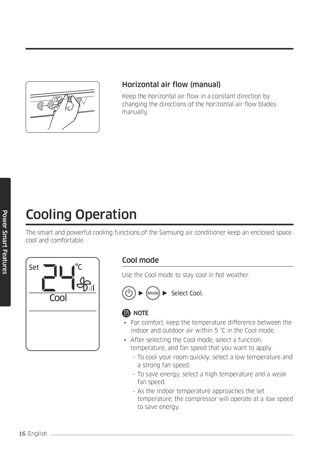 Samsung AR12MSFPEWQNEU, AR09MSFPEWQNEU, AR09MSFPEWQNET Cooling Operation, Horizontal air flow manual, Cool mode 