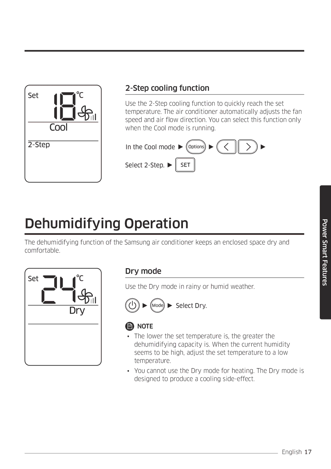 Samsung AR09MSFPEWQNET, AR09MSFPEWQNEU, AR12MSFPEWQNEU manual Dehumidifying Operation, Step cooling function, Dry mode 