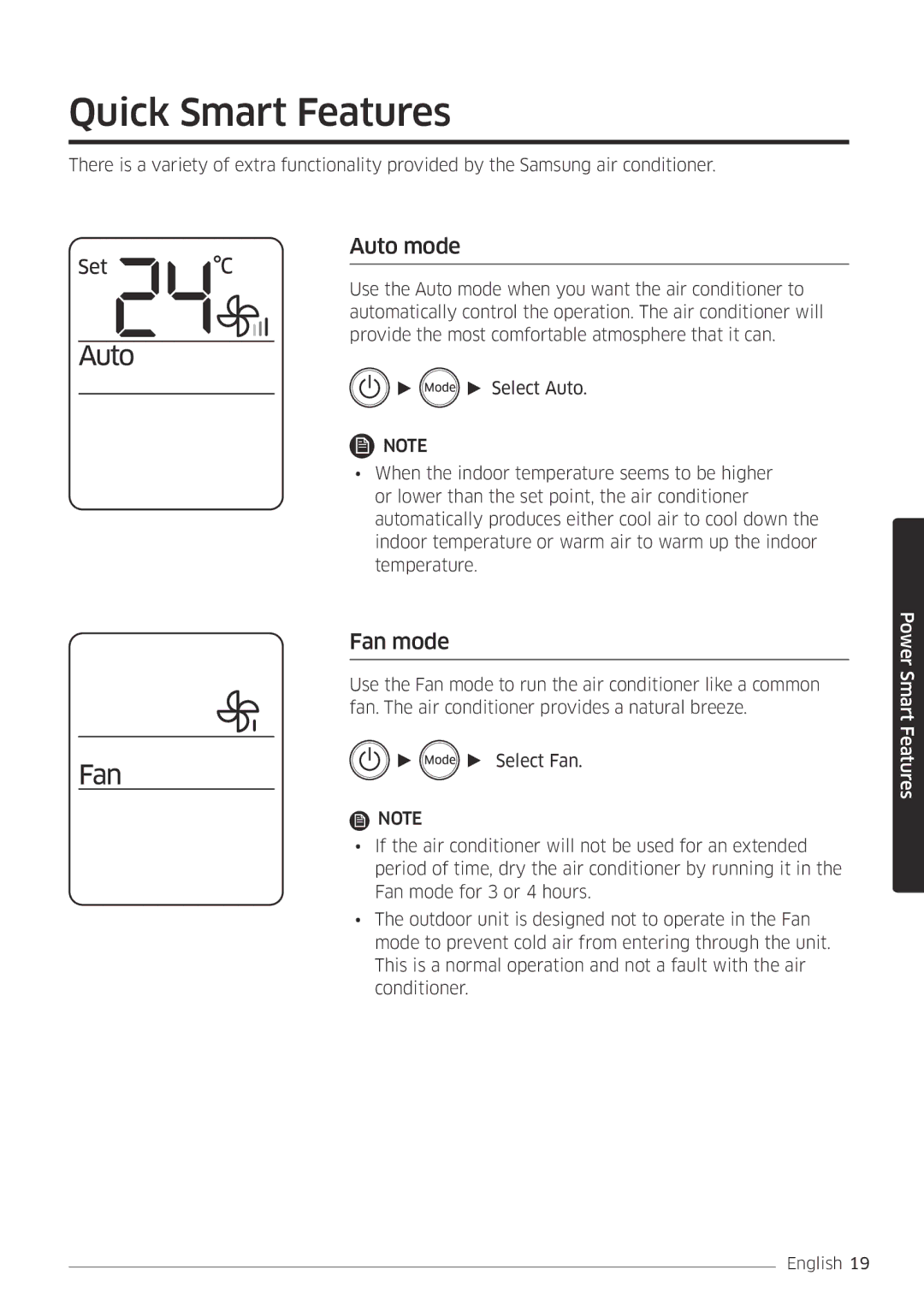 Samsung AR09MSFPEWQNEU, AR12MSFPEWQNEU, AR09MSFPEWQNET, AR12MSFPEWQNET manual Quick Smart Features, Auto mode, Fan mode 