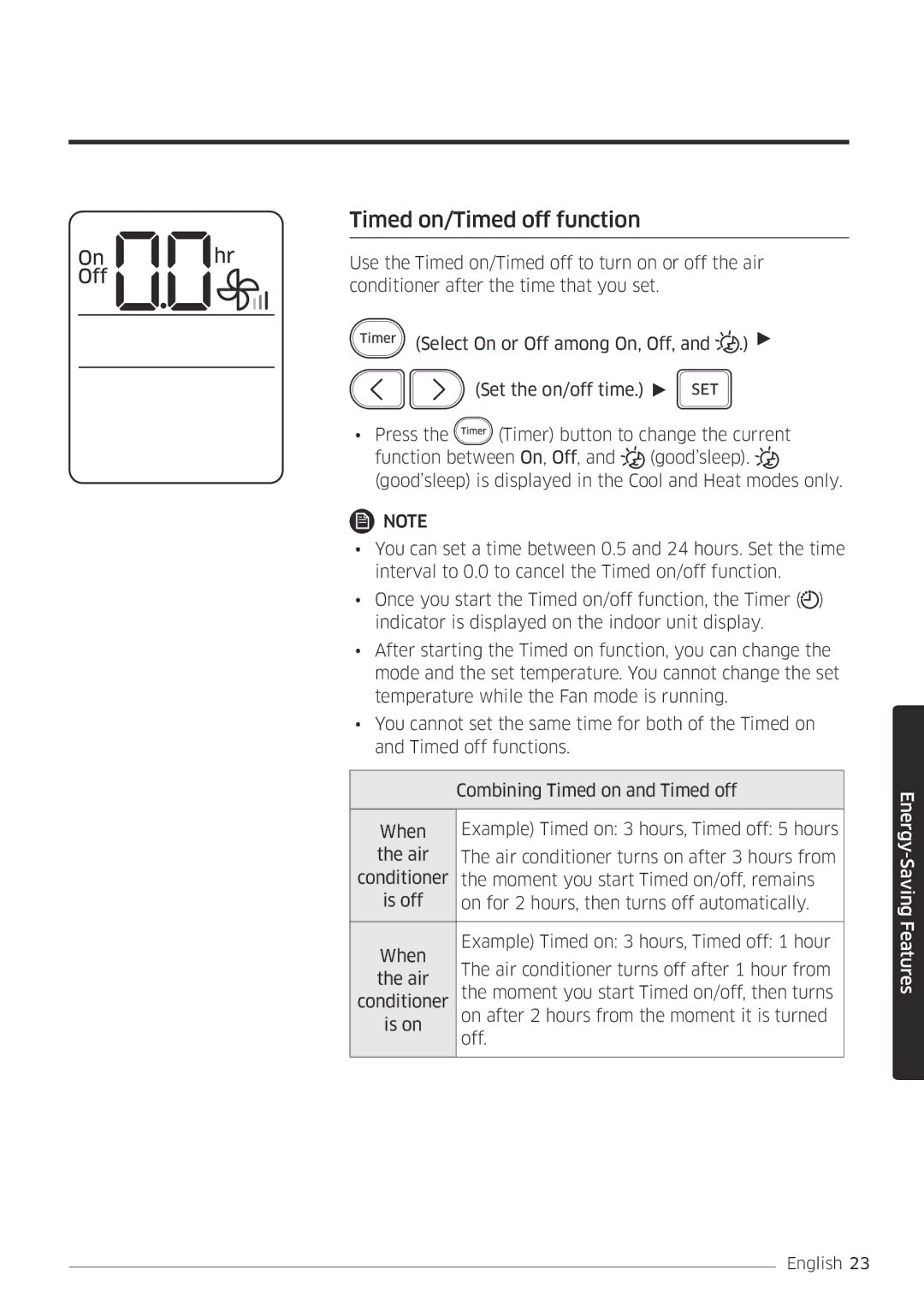 Samsung AR09MSFPEWQNEU, AR12MSFPEWQNEU, AR09MSFPEWQNET, AR12MSFPEWQNET manual Timed on/Timed off function 