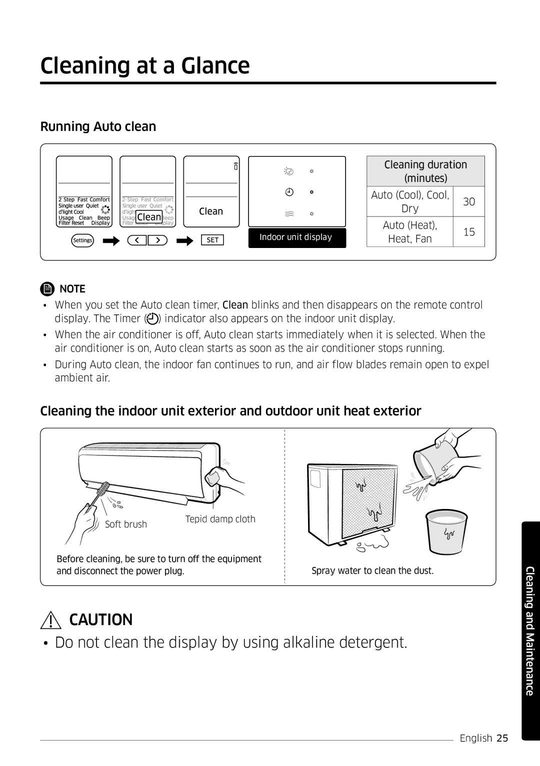 Samsung AR09MSFPEWQNET, AR09MSFPEWQNEU, AR12MSFPEWQNEU, AR12MSFPEWQNET manual Cleaning at a Glance, Running Auto clean 