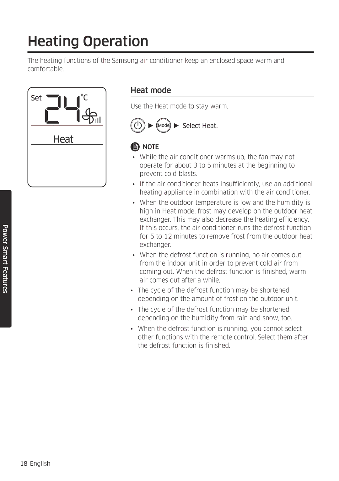 Samsung AR09MSFPEWQNET, AR09MSFPEWQNEU, AR18MSFPEWQNEU, AR07MSFPEWQNEU, AR12MSFPEWQNEU manual Heating Operation, Heat mode 