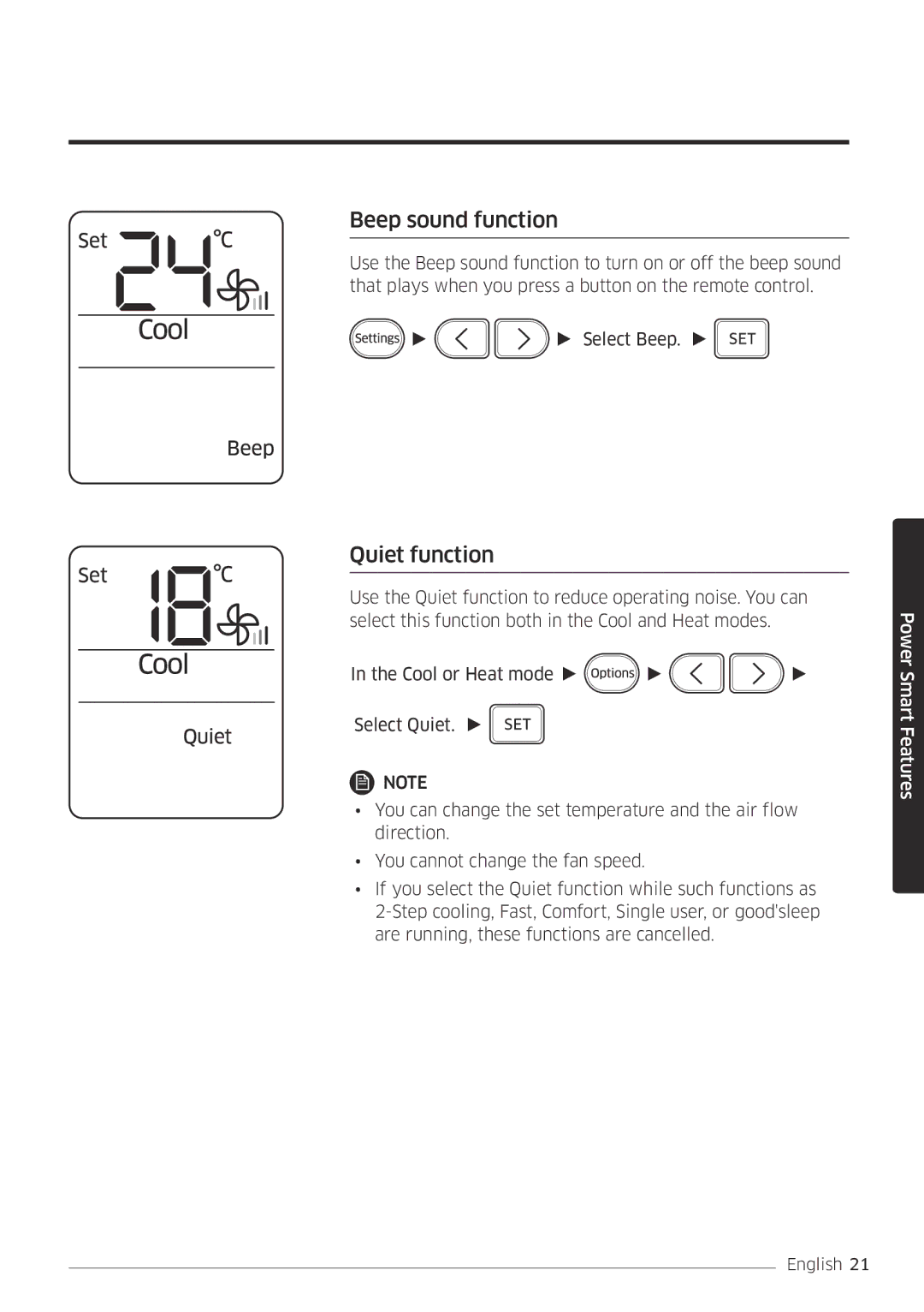 Samsung AR18MSFPEWQNEU, AR09MSFPEWQNEU, AR07MSFPEWQNEU, AR12MSFPEWQNEU, AR24MSFPEWQNEU Beep sound function, Quiet function 