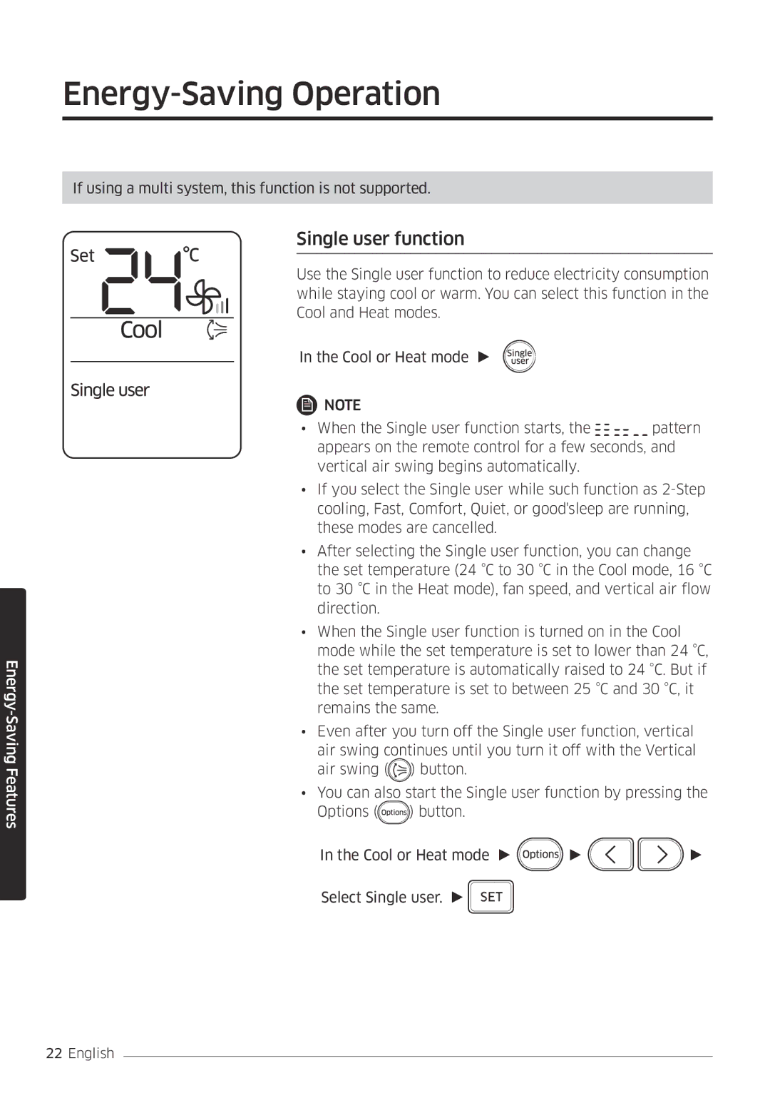 Samsung AR07MSFPEWQNEU, AR09MSFPEWQNEU, AR18MSFPEWQNEU, AR12MSFPEWQNEU manual Energy-Saving Operation, Single user function 