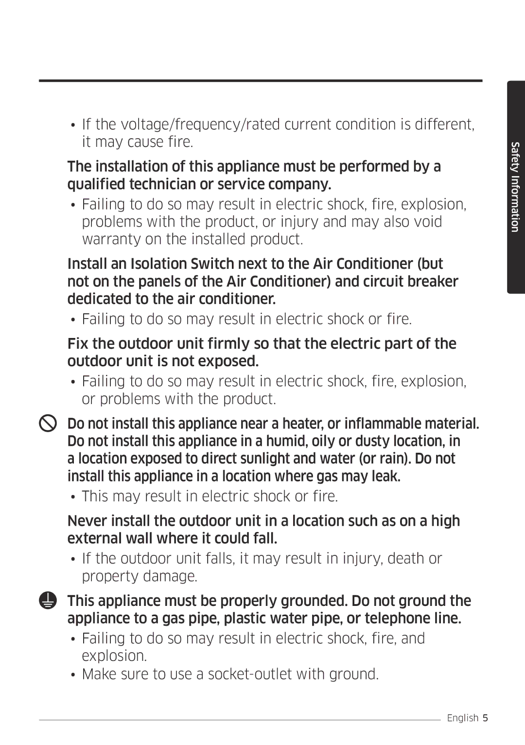 Samsung AR12MSFPEWQNET, AR09MSFPEWQNEU, AR18MSFPEWQNEU, AR07MSFPEWQNEU, AR12MSFPEWQNEU, AR24MSFPEWQNEU manual Safety Information 