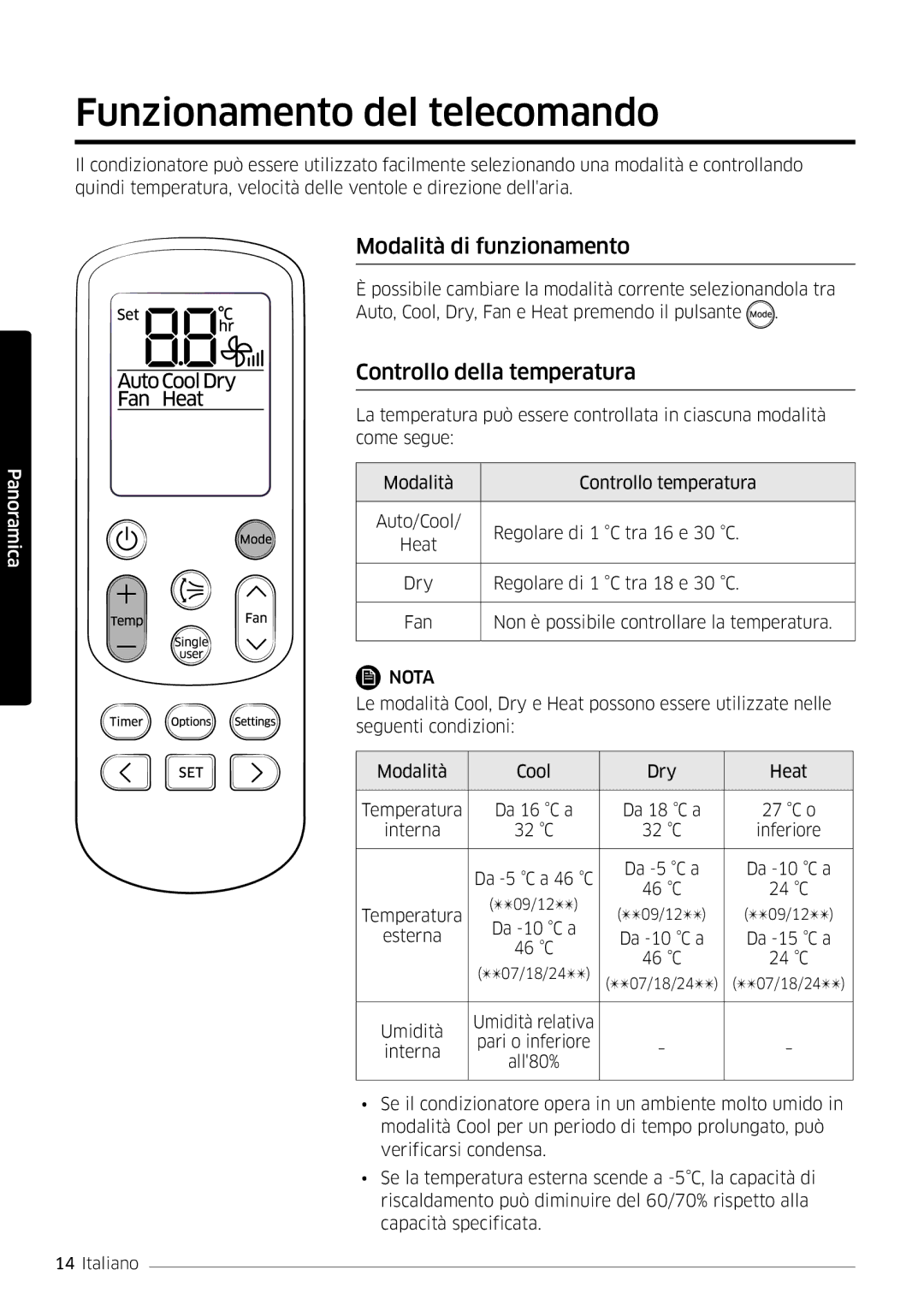 Samsung AR18MSFPEWQNEU manual Funzionamento del telecomando, Modalità di funzionamento, Controllo della temperatura 