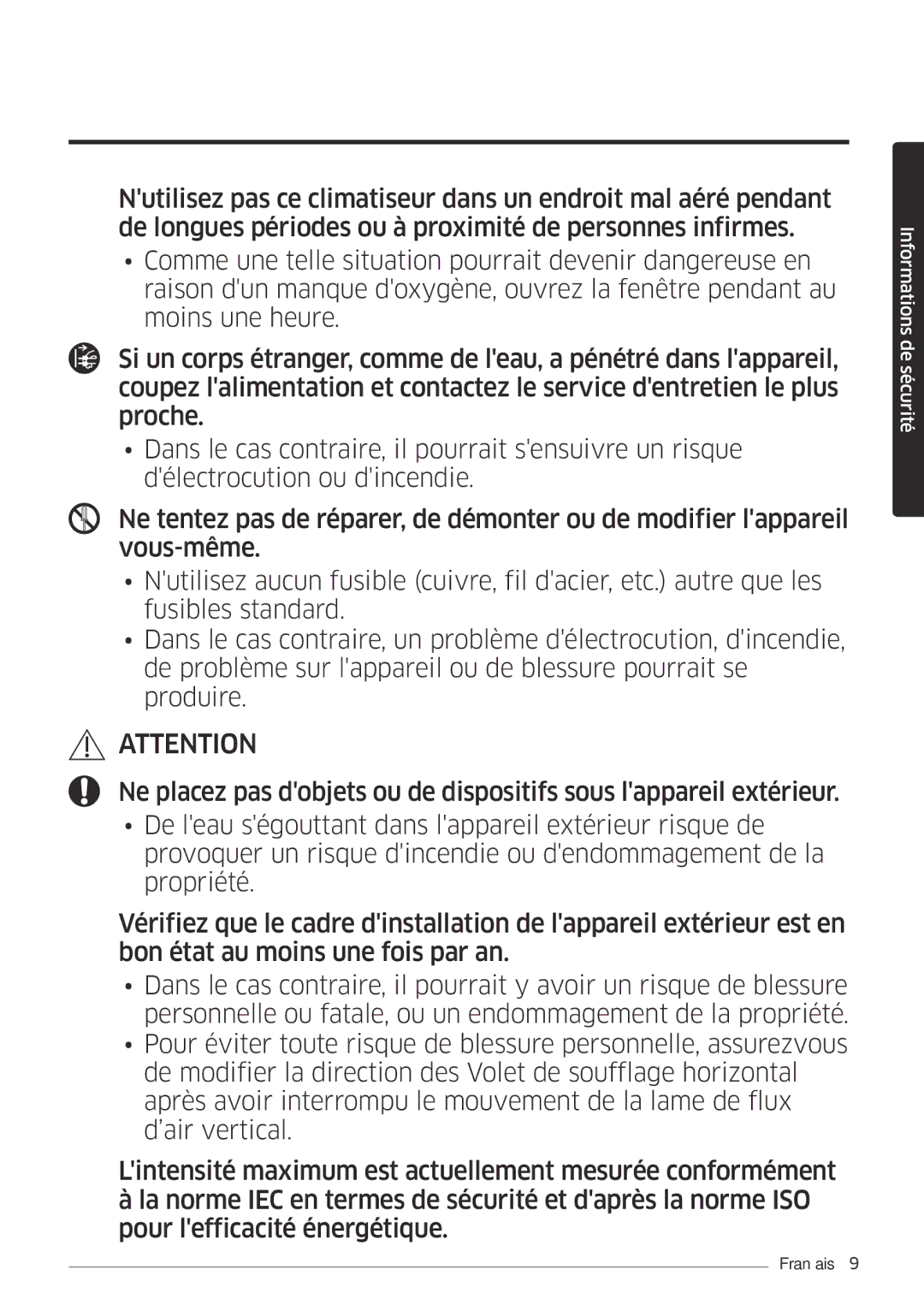 Samsung AR09MSFPEWQNEU, AR18MSFPEWQNEU, AR07MSFPEWQNEU, AR12MSFPEWQNEU, AR24MSFPEWQNEU manual Informations de sécurité 