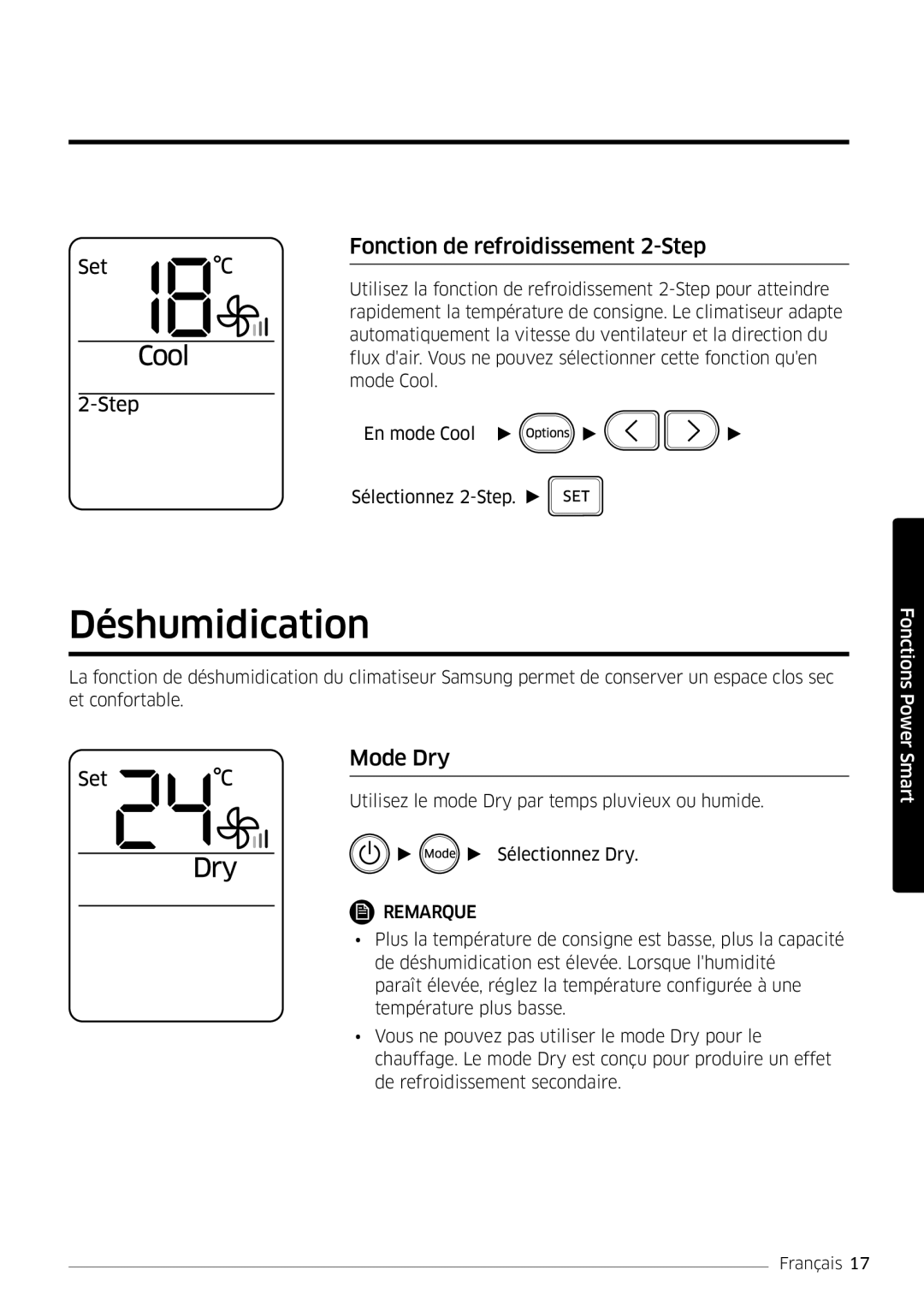 Samsung AR12MSFPEWQNEU, AR09MSFPEWQNEU, AR18MSFPEWQNEU manual Déshumidication, Fonction de refroidissement 2-Step, Mode Dry 