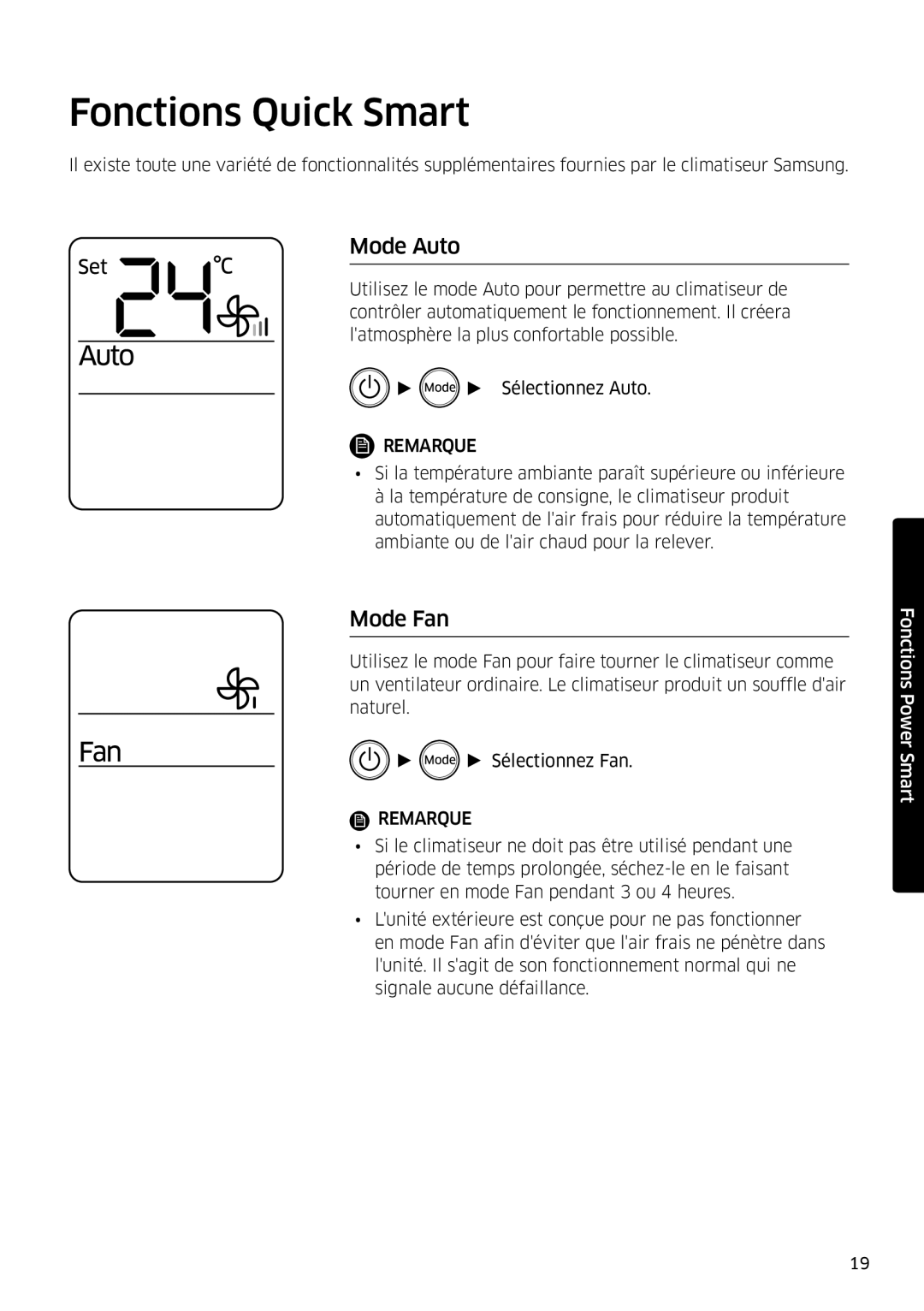 Samsung AR09MSFPEWQNEU, AR18MSFPEWQNEU, AR07MSFPEWQNEU, AR12MSFPEWQNEU manual Fonctions Quick Smart, Mode Auto, Mode Fan 