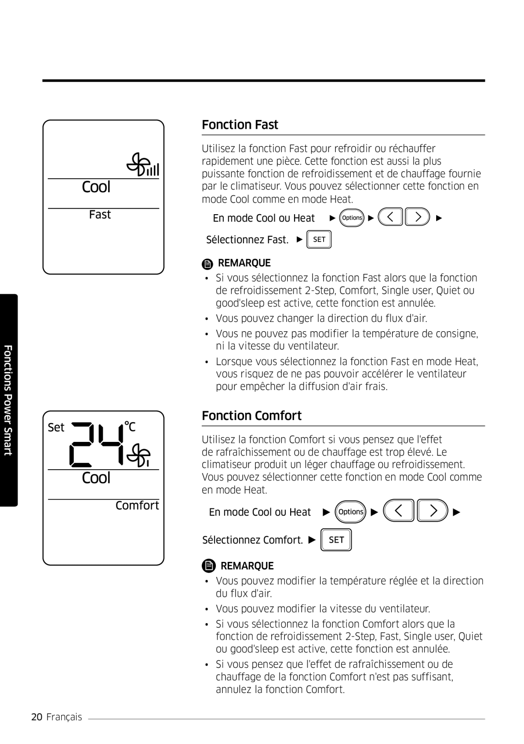 Samsung AR18MSFPEWQNEU, AR09MSFPEWQNEU, AR07MSFPEWQNEU, AR12MSFPEWQNEU, AR24MSFPEWQNEU manual Fonction Fast, Fonction Comfort 