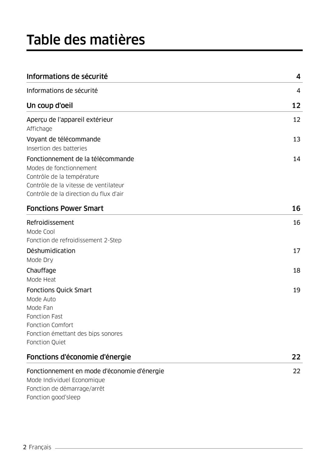 Samsung AR12MSFPEWQNEU, AR09MSFPEWQNEU, AR18MSFPEWQNEU, AR07MSFPEWQNEU, AR24MSFPEWQNEU manual Table des matières, Un coup doeil 