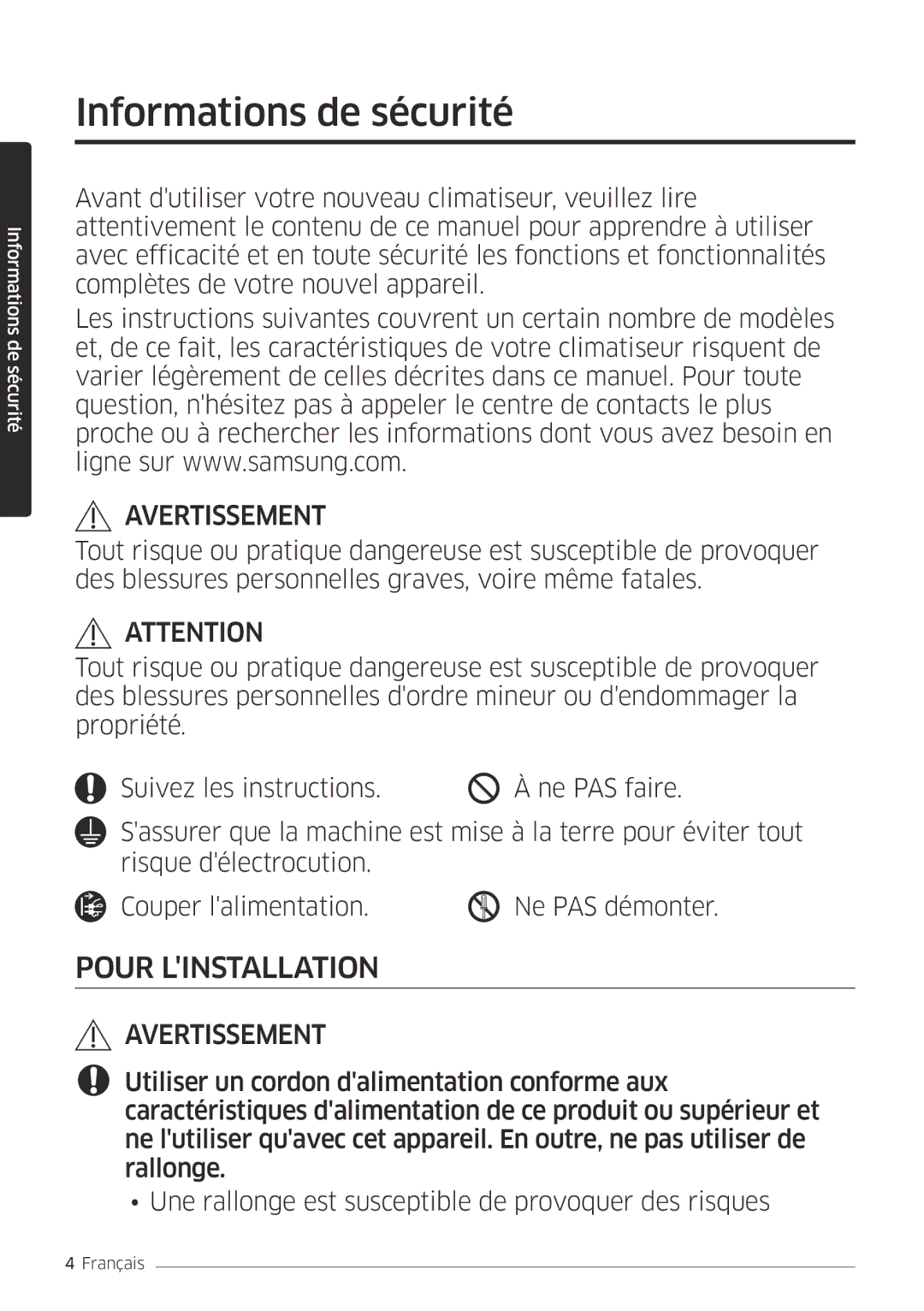 Samsung AR09MSFPEWQNEU, AR18MSFPEWQNEU, AR07MSFPEWQNEU, AR12MSFPEWQNEU manual Informations de sécurité, Avertissement 