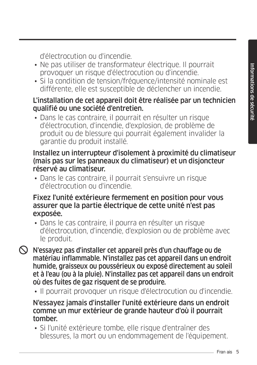 Samsung AR18MSFPEWQNEU, AR09MSFPEWQNEU, AR07MSFPEWQNEU, AR12MSFPEWQNEU, AR24MSFPEWQNEU manual Informations de sécurité 