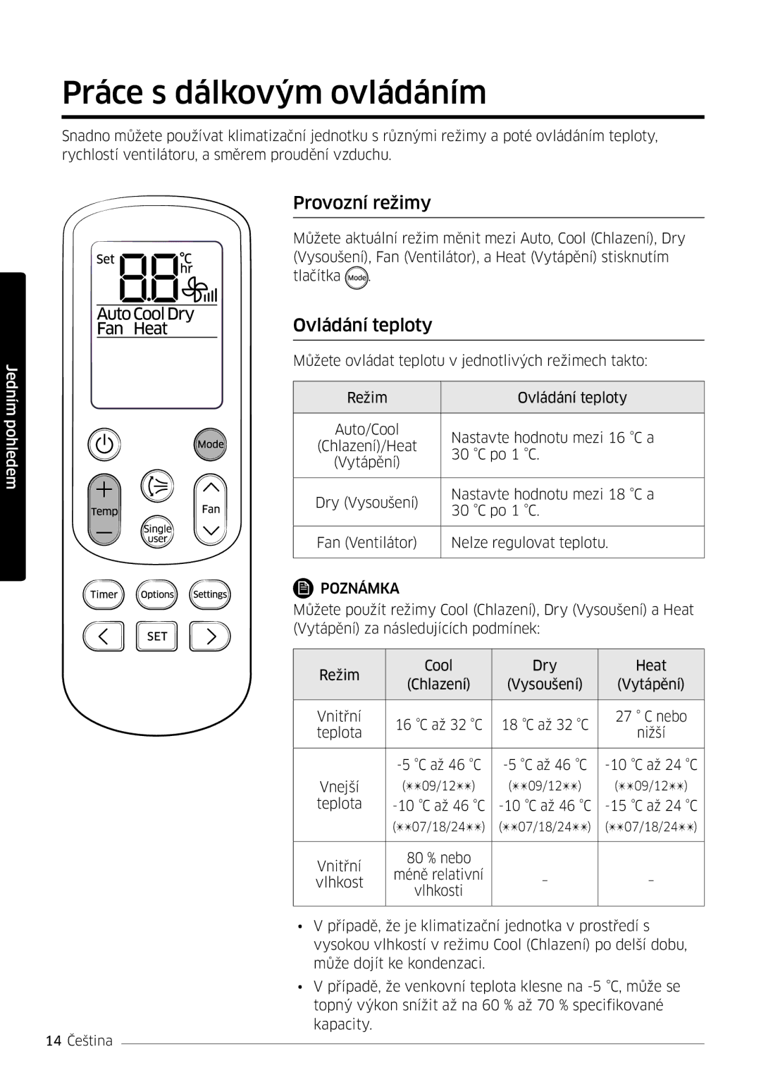 Samsung AR09MSFPEWQNEU, AR18MSFPEWQNEU, AR07MSFPEWQNEU manual Práce s dálkovým ovládáním, Provozní režimy, Ovládání teploty 