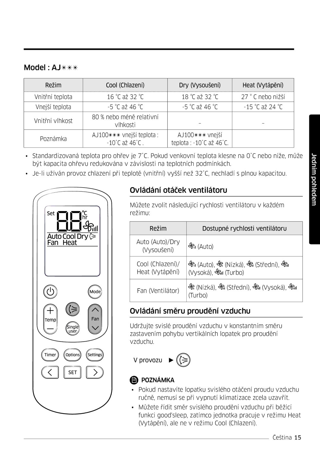 Samsung AR18MSFPEWQNEU, AR09MSFPEWQNEU manual Model AJ, Ovládání otáček ventilátoru, Ovládání směru proudění vzduchu 