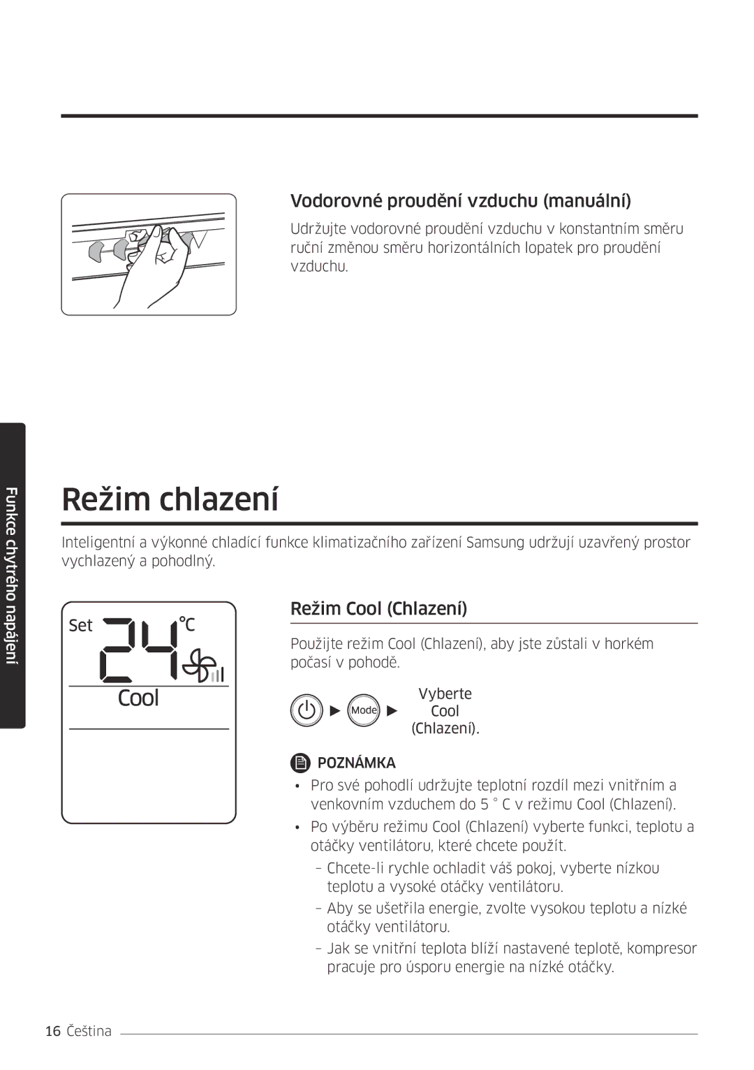 Samsung AR07MSFPEWQNEU, AR09MSFPEWQNEU manual Režim chlazení, Vodorovné proudění vzduchu manuální, Režim Cool Chlazení 