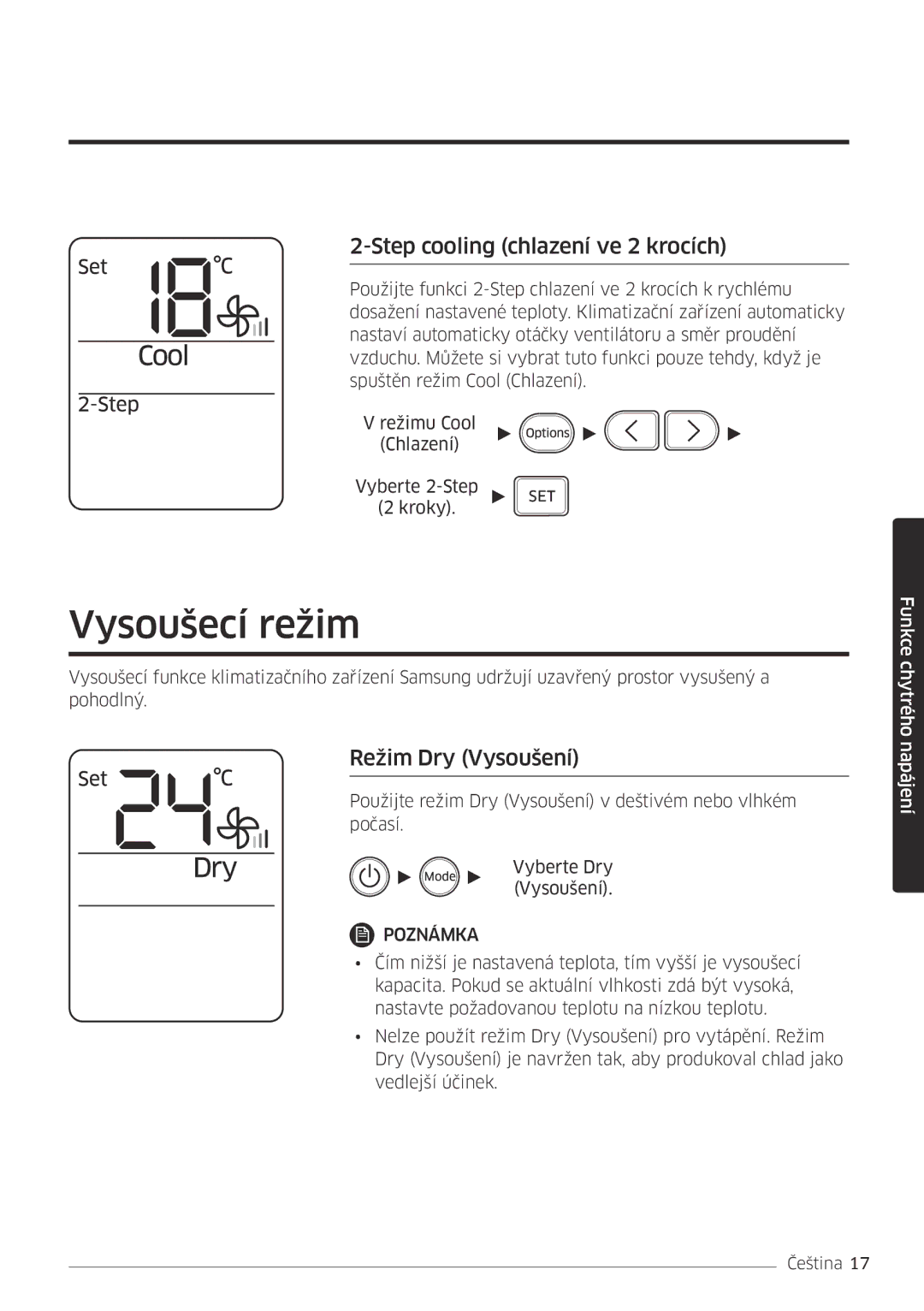 Samsung AR12MSFPEWQNEU, AR09MSFPEWQNEU manual Vysoušecí režim, Step cooling chlazení ve 2 krocích, Režim Dry Vysoušení 