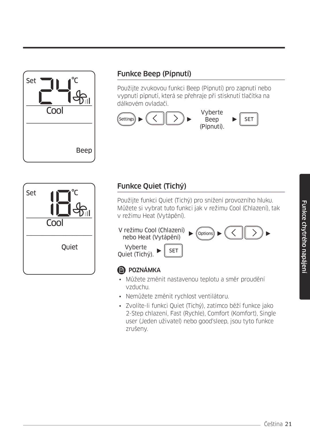 Samsung AR07MSFPEWQNEU, AR09MSFPEWQNEU, AR18MSFPEWQNEU, AR12MSFPEWQNEU manual Funkce Beep Pípnutí, Funkce Quiet Tichý 