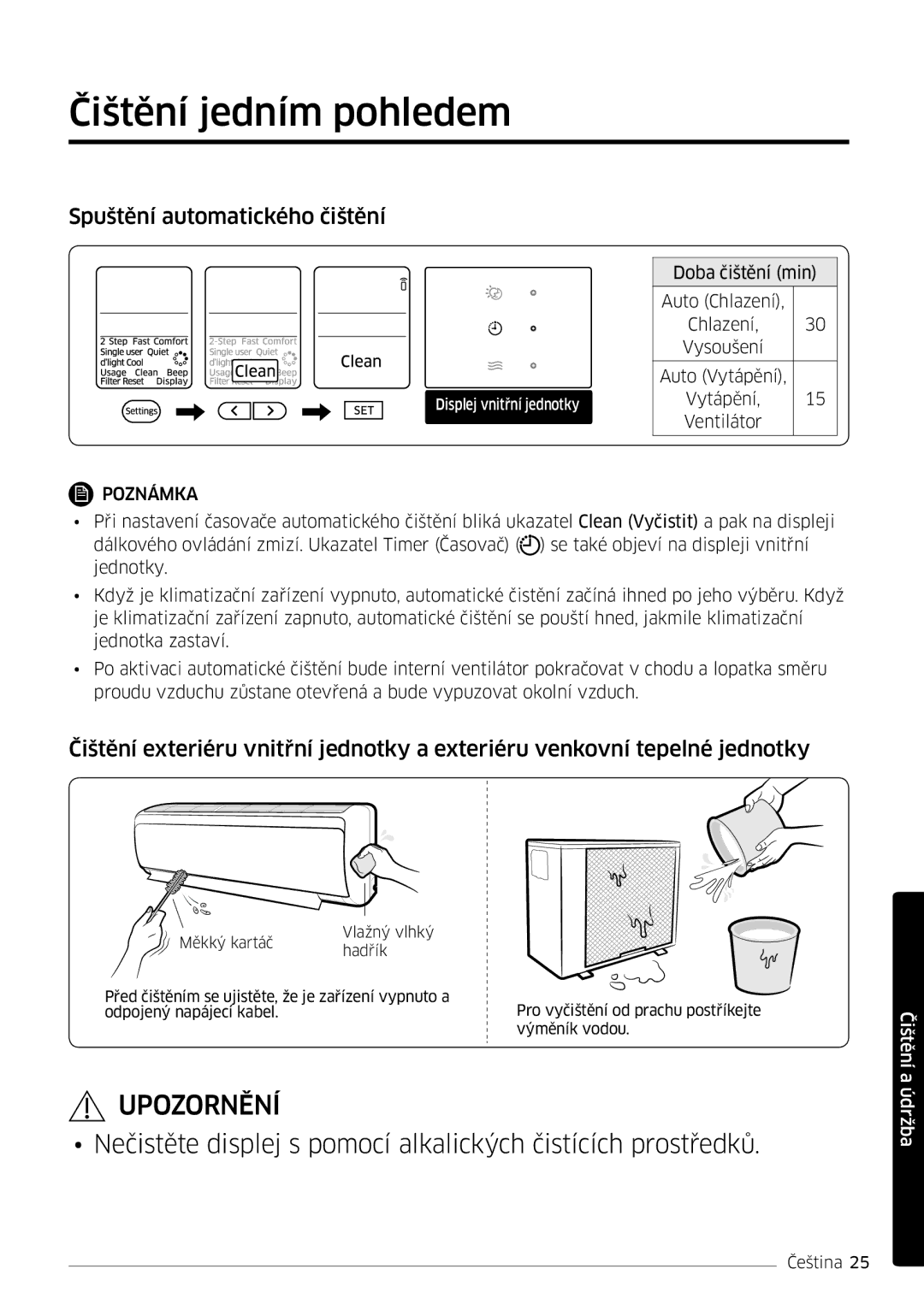 Samsung AR18MSFPEWQNEU, AR09MSFPEWQNEU, AR07MSFPEWQNEU manual Čištění jedním pohledem, Spuštění automatického čištění 