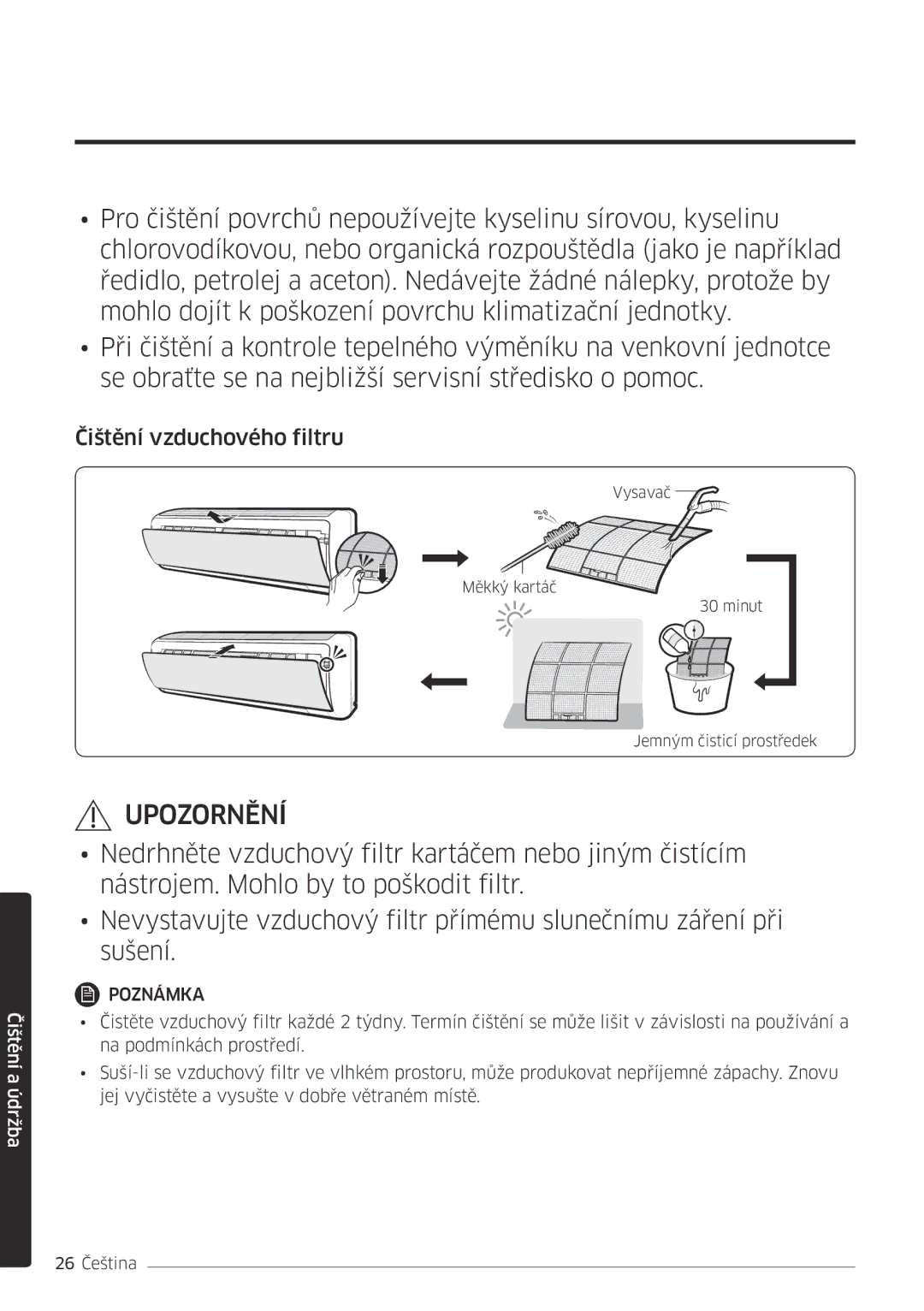 Samsung AR07MSFPEWQNEU, AR09MSFPEWQNEU, AR18MSFPEWQNEU, AR12MSFPEWQNEU, AR24MSFPEWQNEU manual Čištění vzduchového filtru 